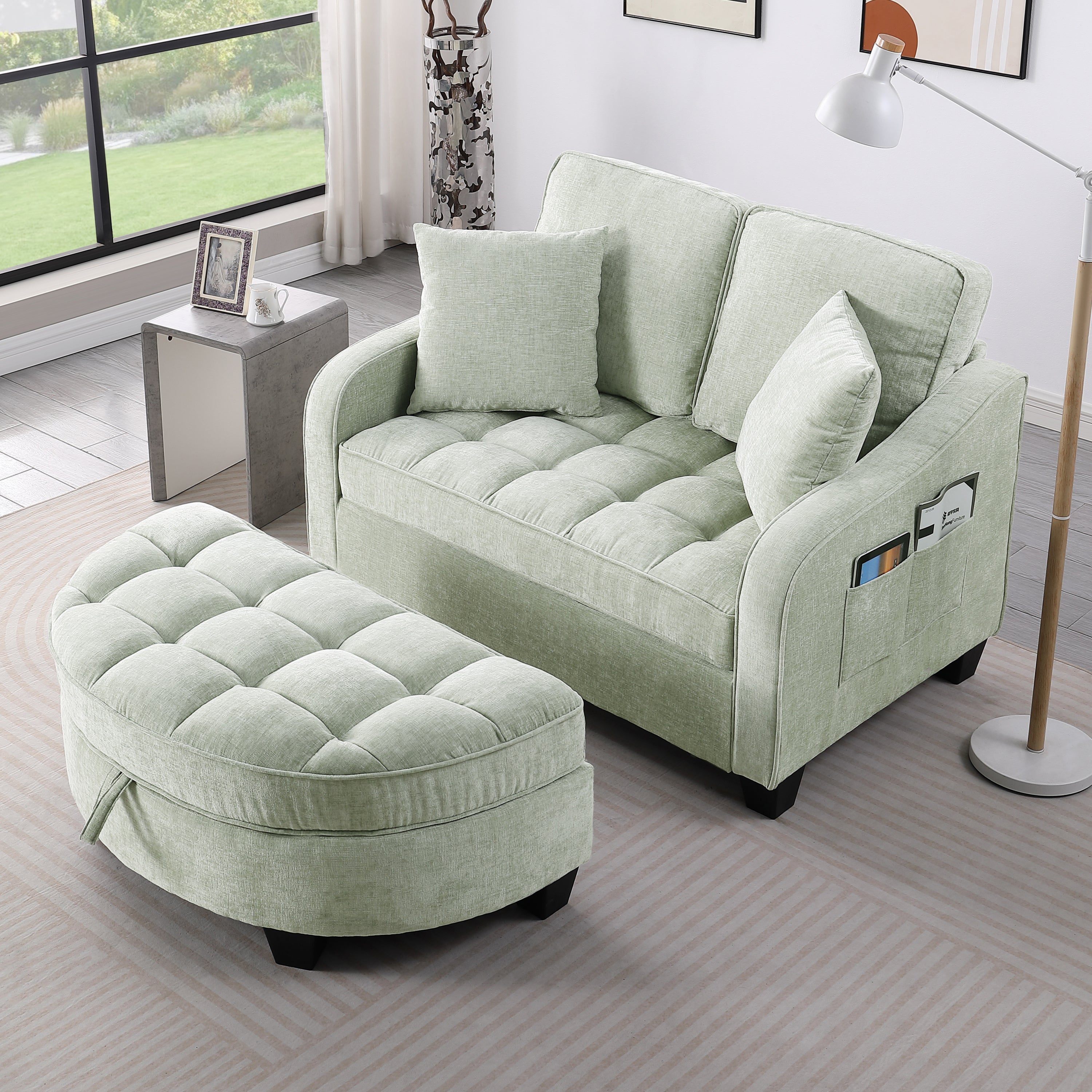 Corduroy sofa chaise and storage ottoman in living room setting