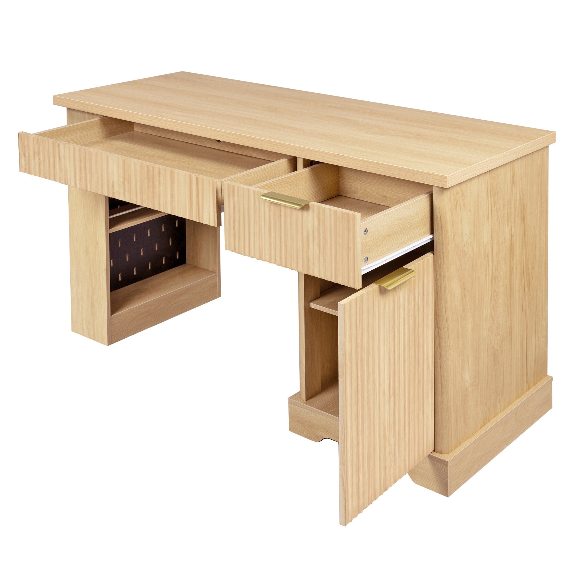 Fluted Office Desk with Pegboard, Charging Station, Keyboard Tray & Storage — 55-Inch