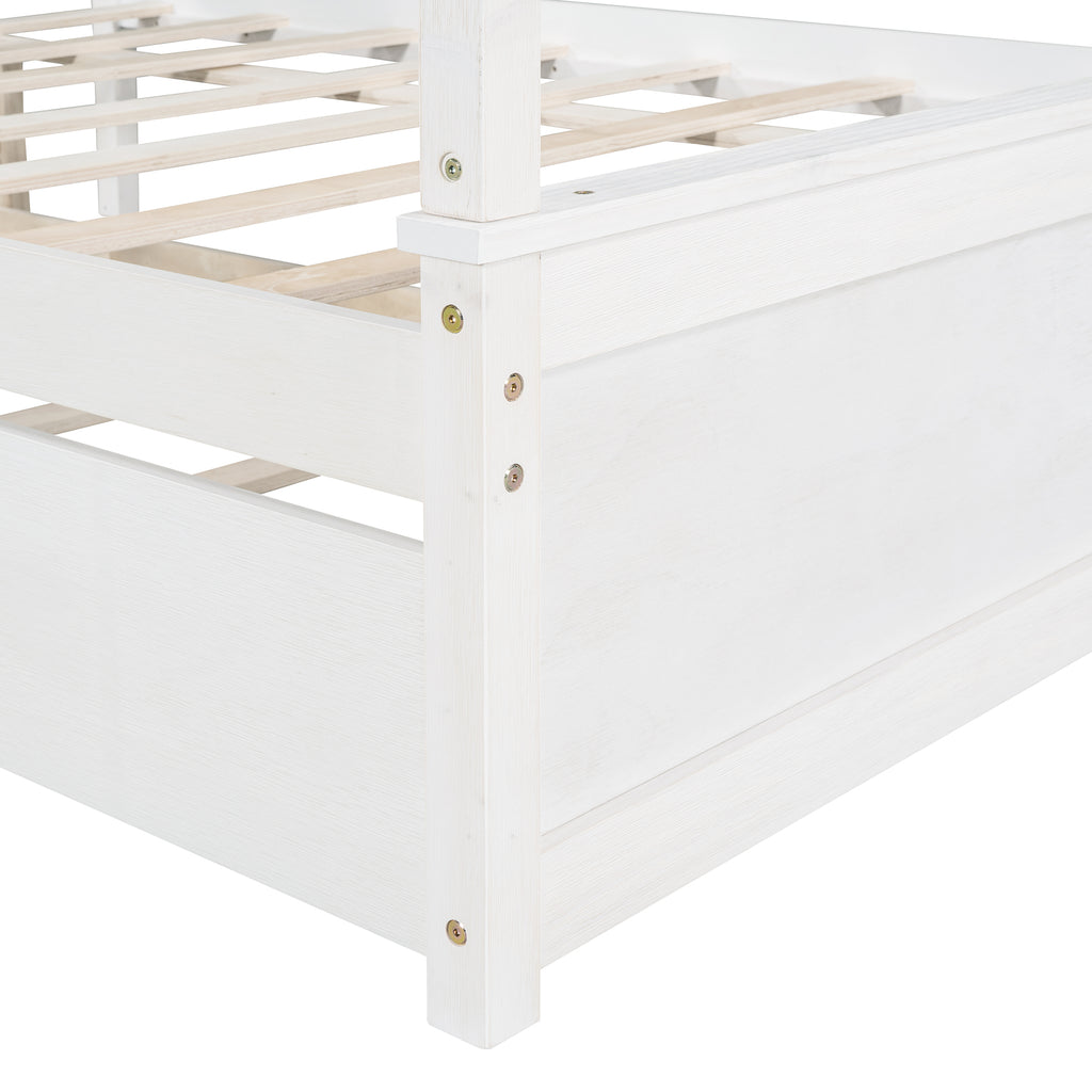 Full size white canopy bed top rail detail
