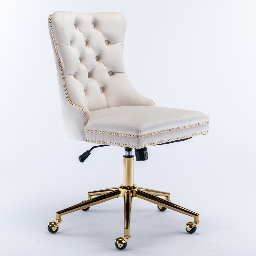 Velvet Office Chair — Button-Tufted with Gold Metal Base & Wheels