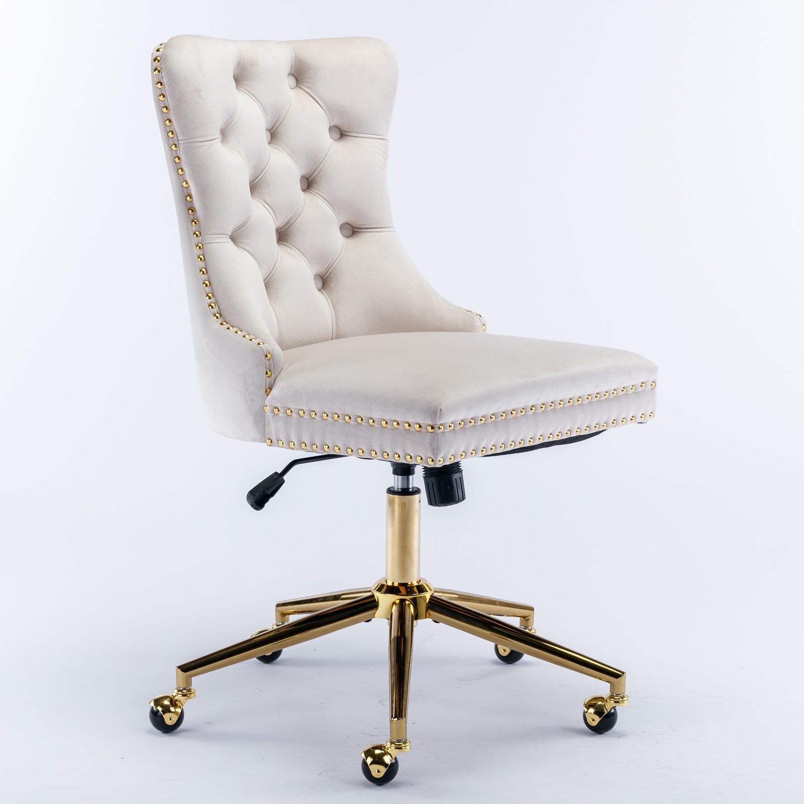 Velvet Office Chair — Button-Tufted with Gold Metal Base & Wheels