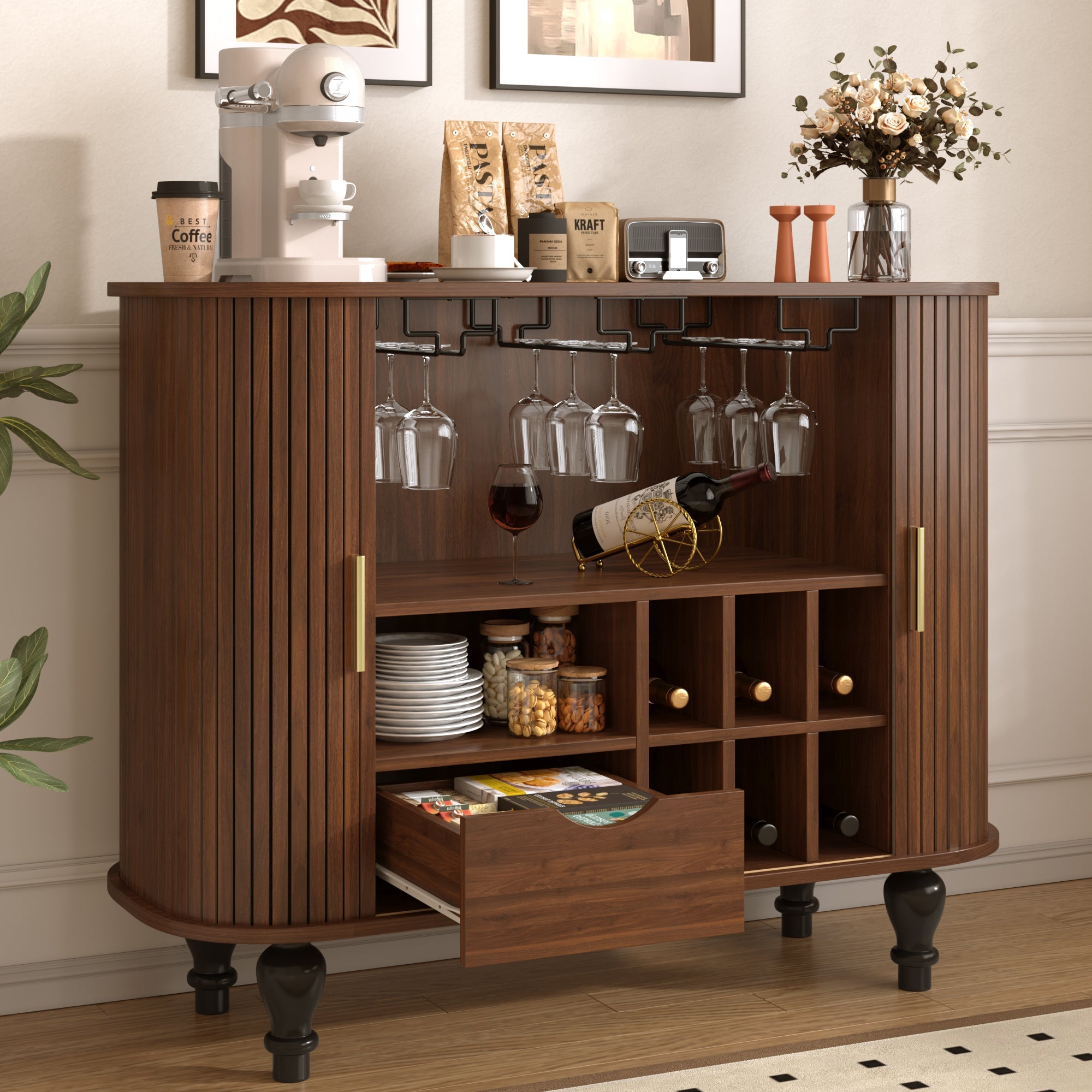 39' Fluted Liquor & Coffee Bar Cabinet with 6 Wine Racks and 3 Glass Holders, Mid-Century Modern Bar Cabinet with A Large Storage Drawer ,4 Hidden Storage Space on the Side , Black