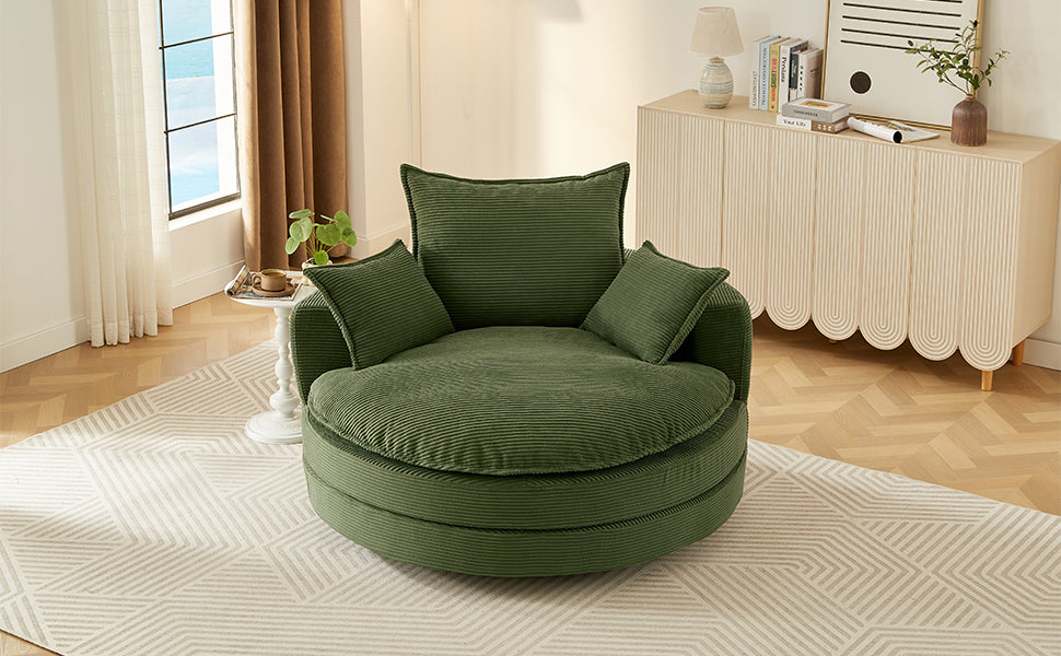 Corduroy Swivel Barrel Chair — 360° with Removable Pillows