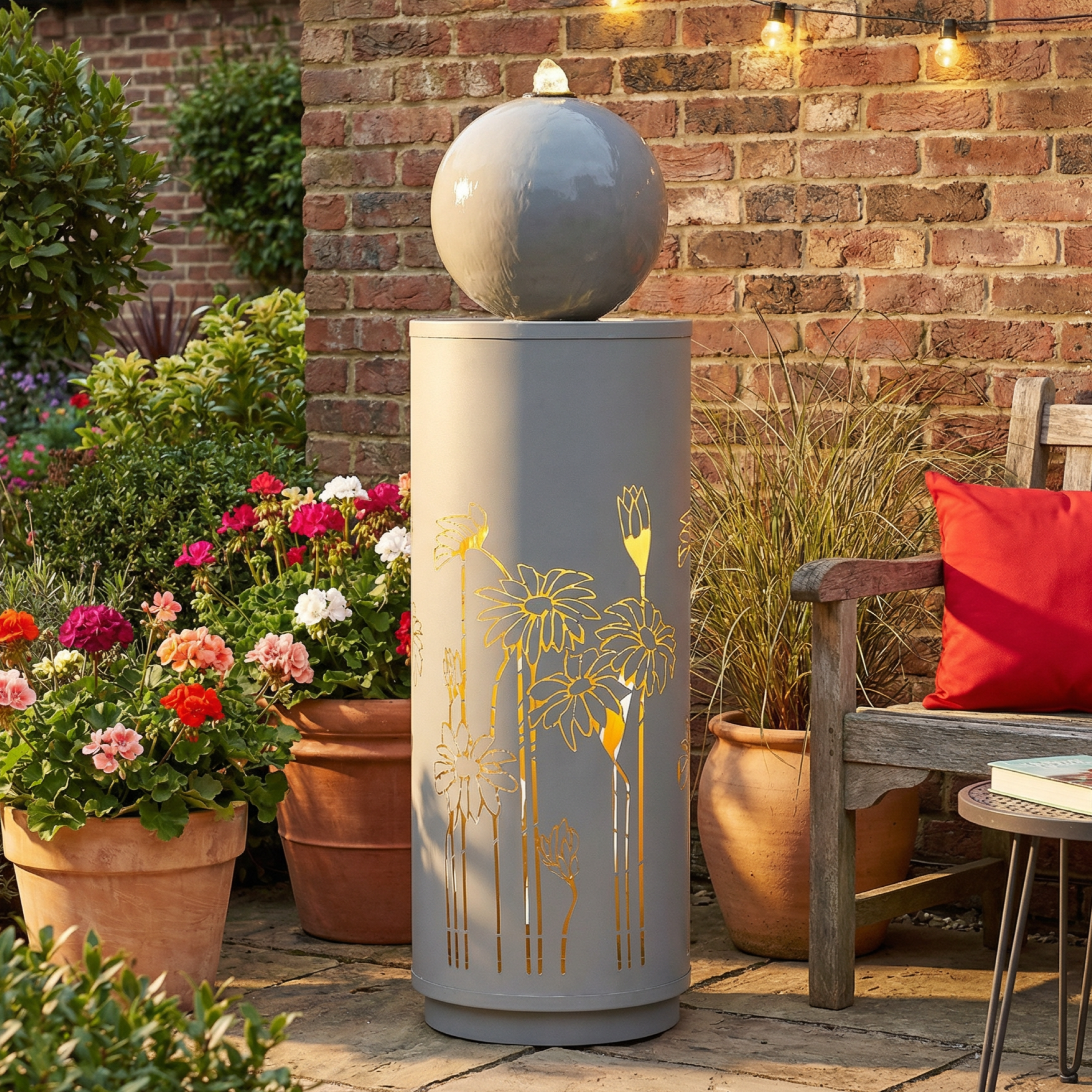 34.25'H Light Gray Metal Cutout Outdoor Water Fountain with LED Lights, Modern Freestanding Sphere-Top Water Feature for Patio Garden Backyard Decor