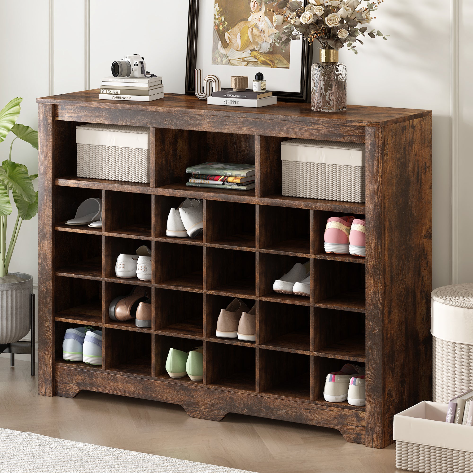 Rustic brown 24-shoe cubby console cabinet — front view