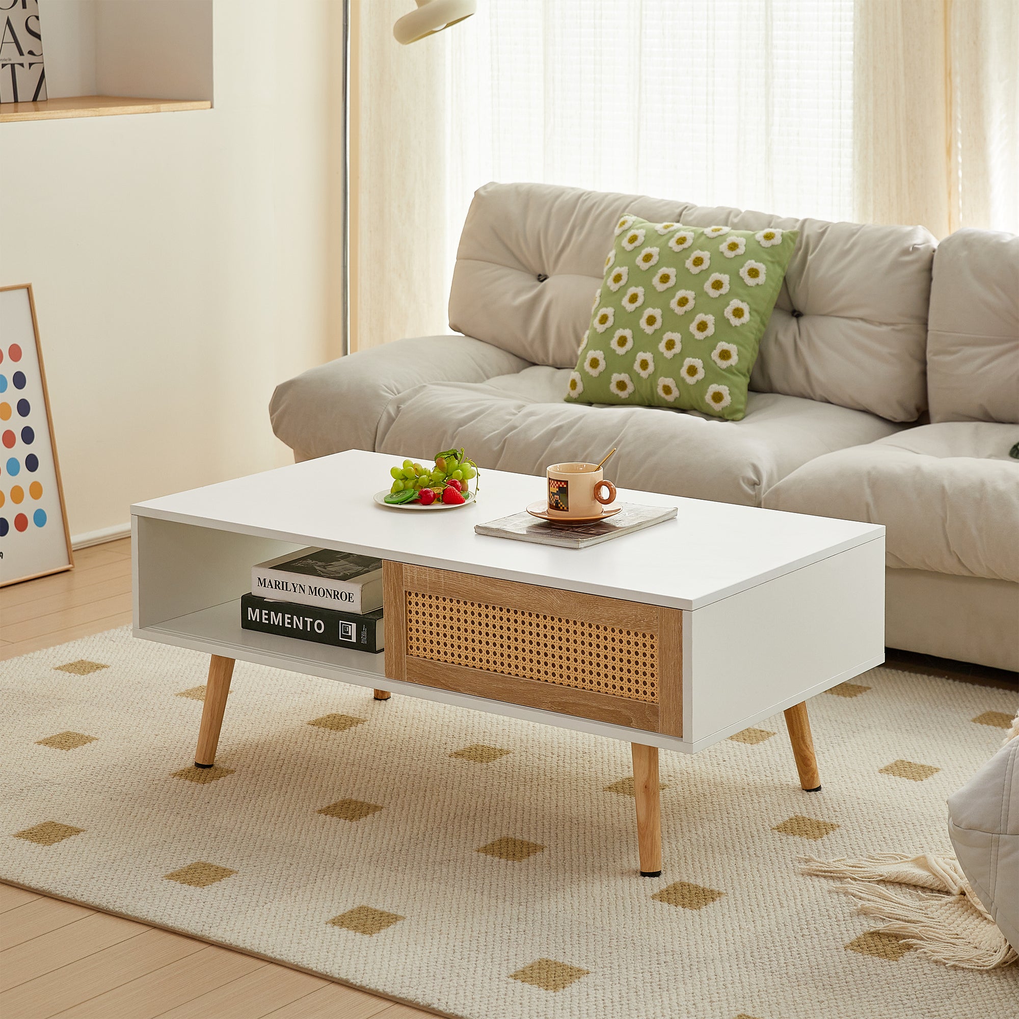 Modern rattan weave coffee table white finish — angle view