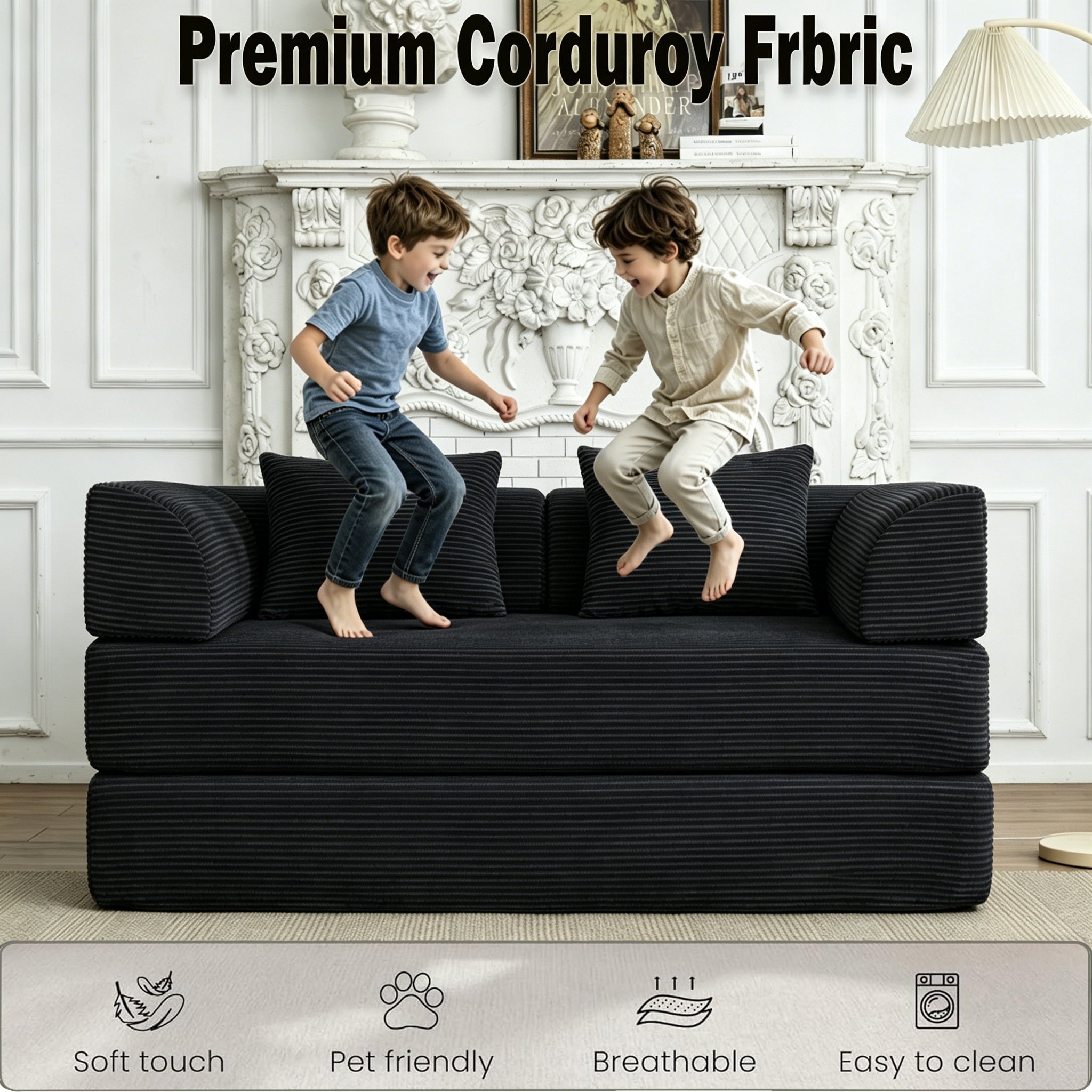 Convertible Sleeper Sofa Bed, Corduroy Folding Mattress Couch with Fixed-Shape Frame, Floor Sofa Lounge Couch Boneless Sofa for Living Room Bedroom, Light Gray