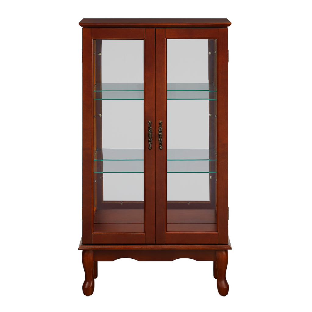 Cherry lighted curio cabinet mirrored back glass doors — front view
