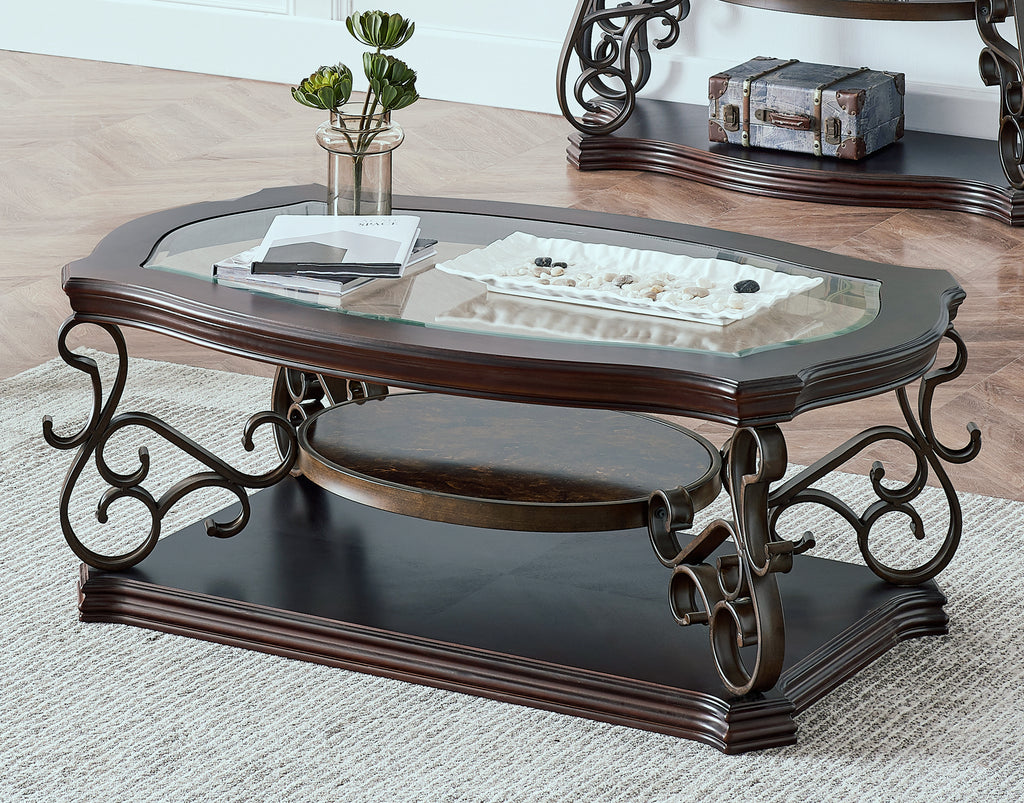 Dark brown glass-top cocktail coffee table — front view