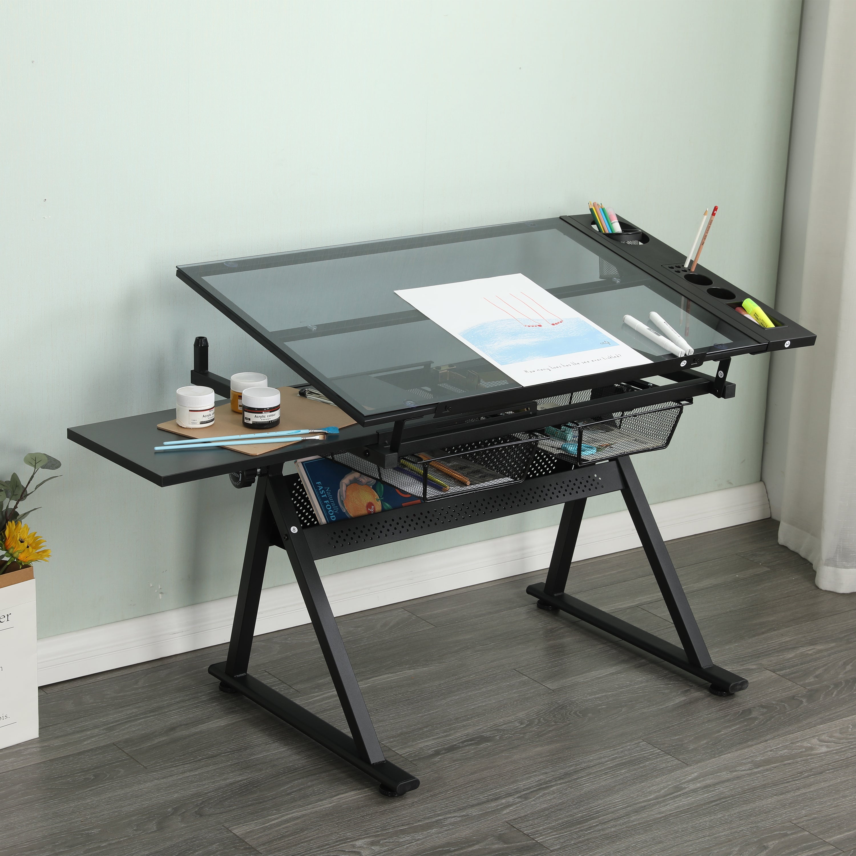 Adjustable Glass Drafting Table with Metal Drawers & Stool