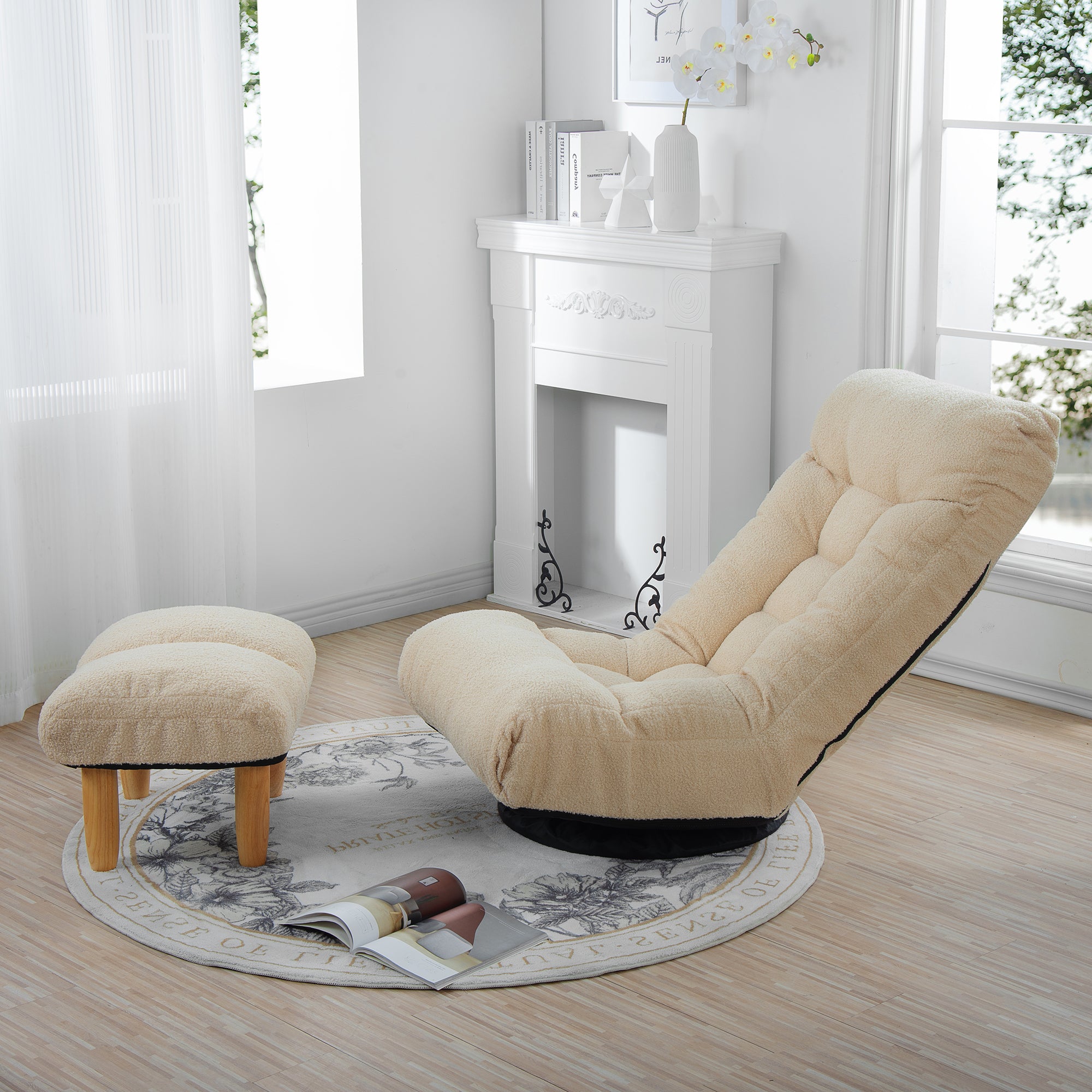 360-degree swivel base on white reclining chair