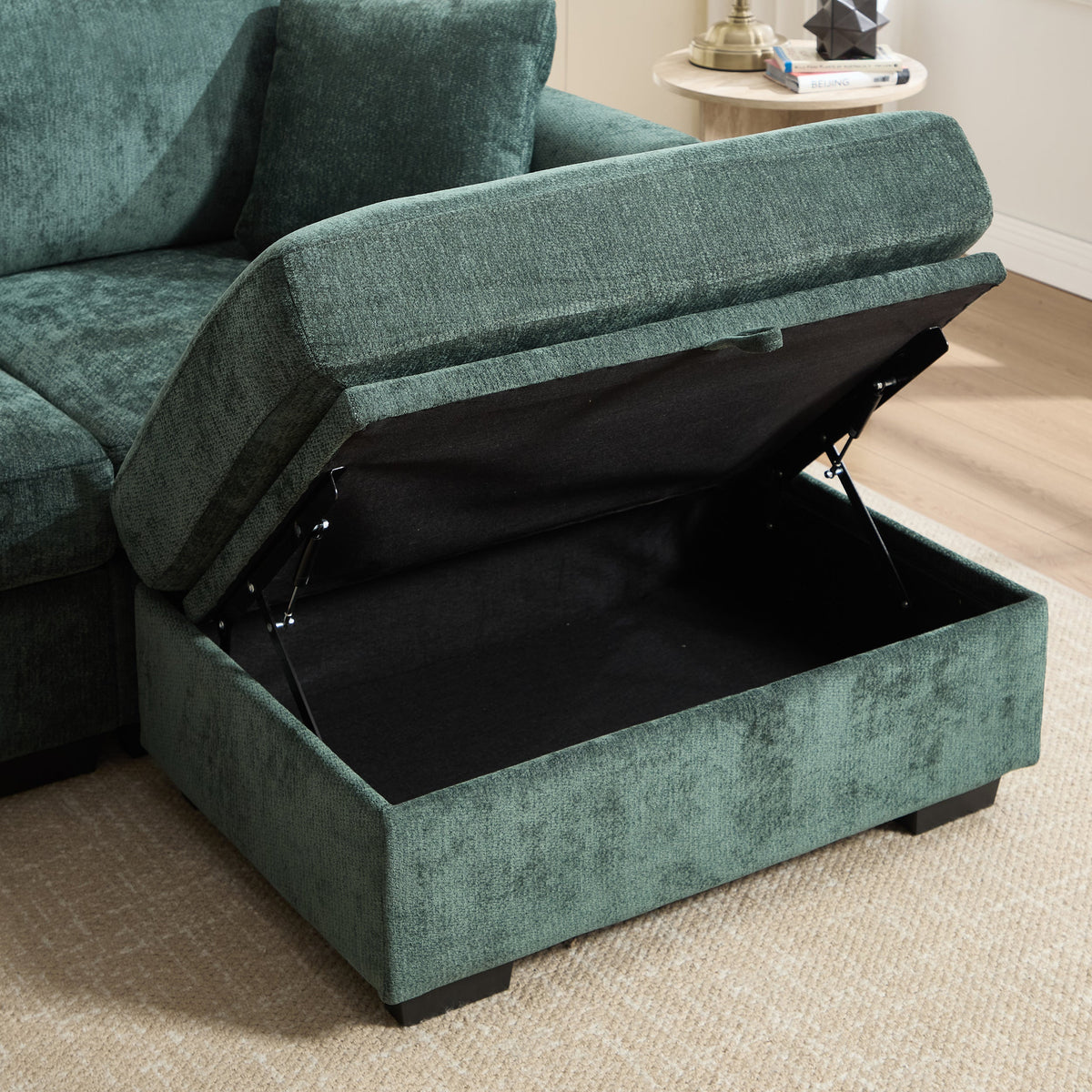 Modern Storage Sofa with Dual USB, 2 Side Pockets,Ottoman Storage Bench Cloud Sectional Chenille Sofa Oversized,4-Seat, L-Shaped Couch,Black