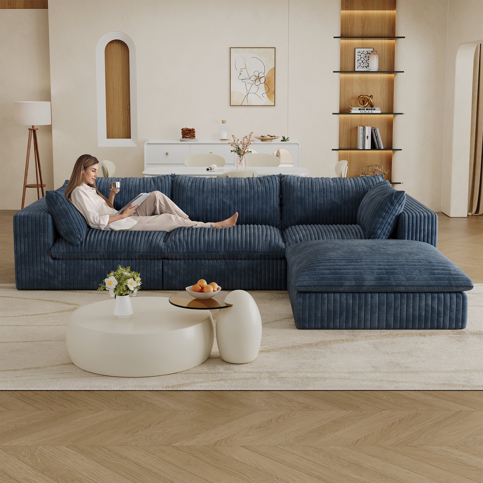 118.2' Cloud Sofa,Corduroy Fabric,Deep Seat Couches,Double-layer design,Removable Cushion,No Assembly, DIY Combination for Living room, Bedroom,Conference room ,Apartment,Blue