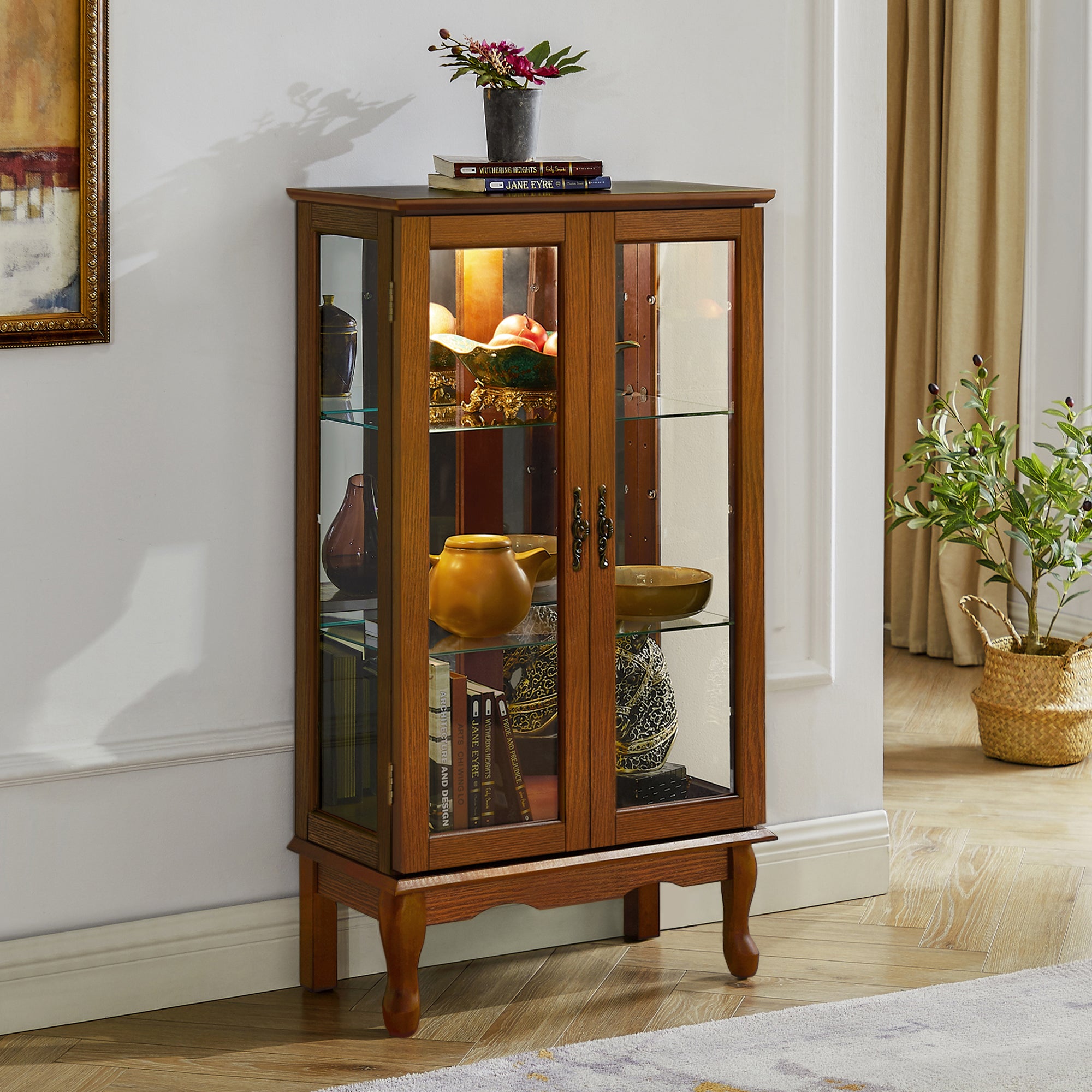 Lighted curio cabinet interior mirrored back panel illuminated