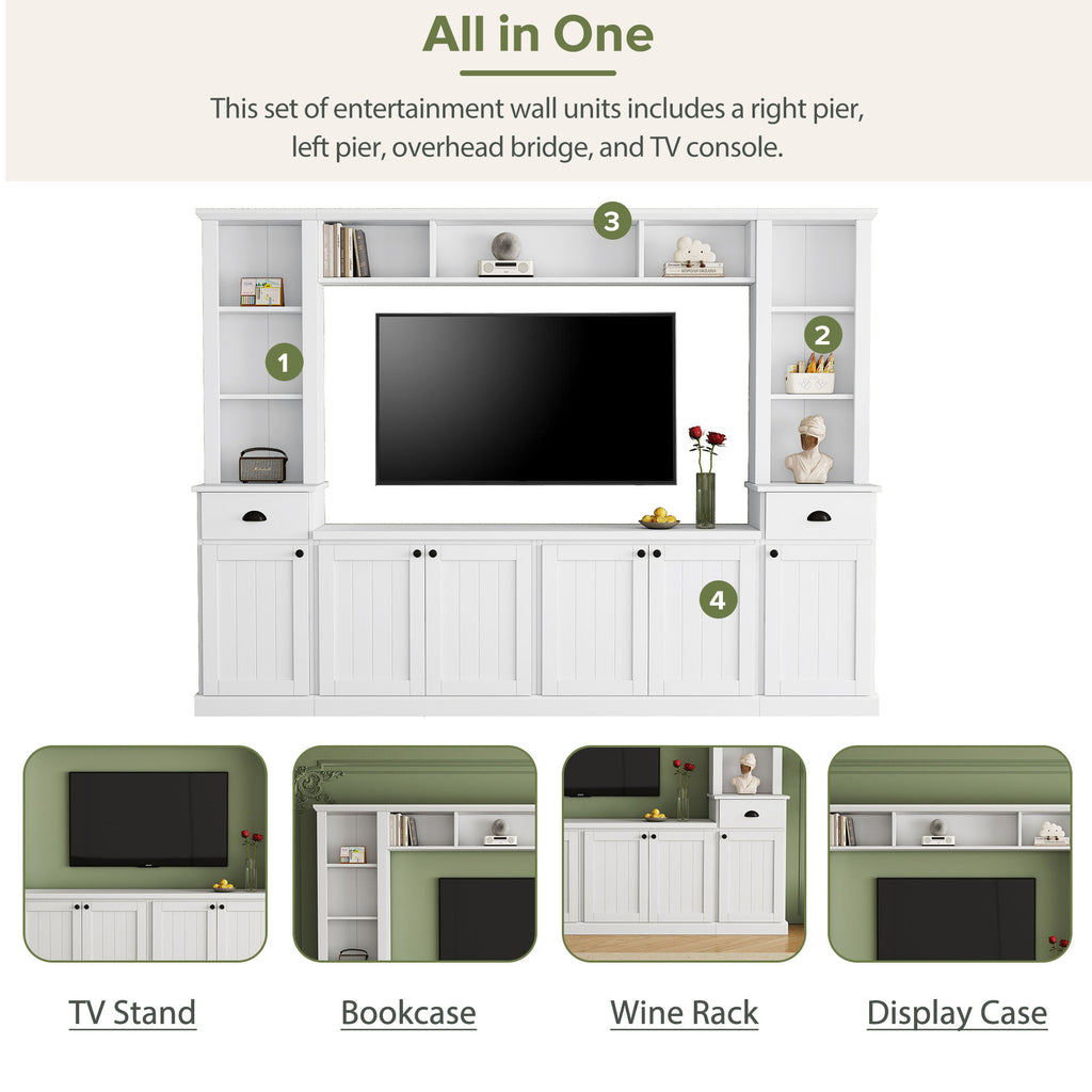 White media console with vertical stripe door panel detail