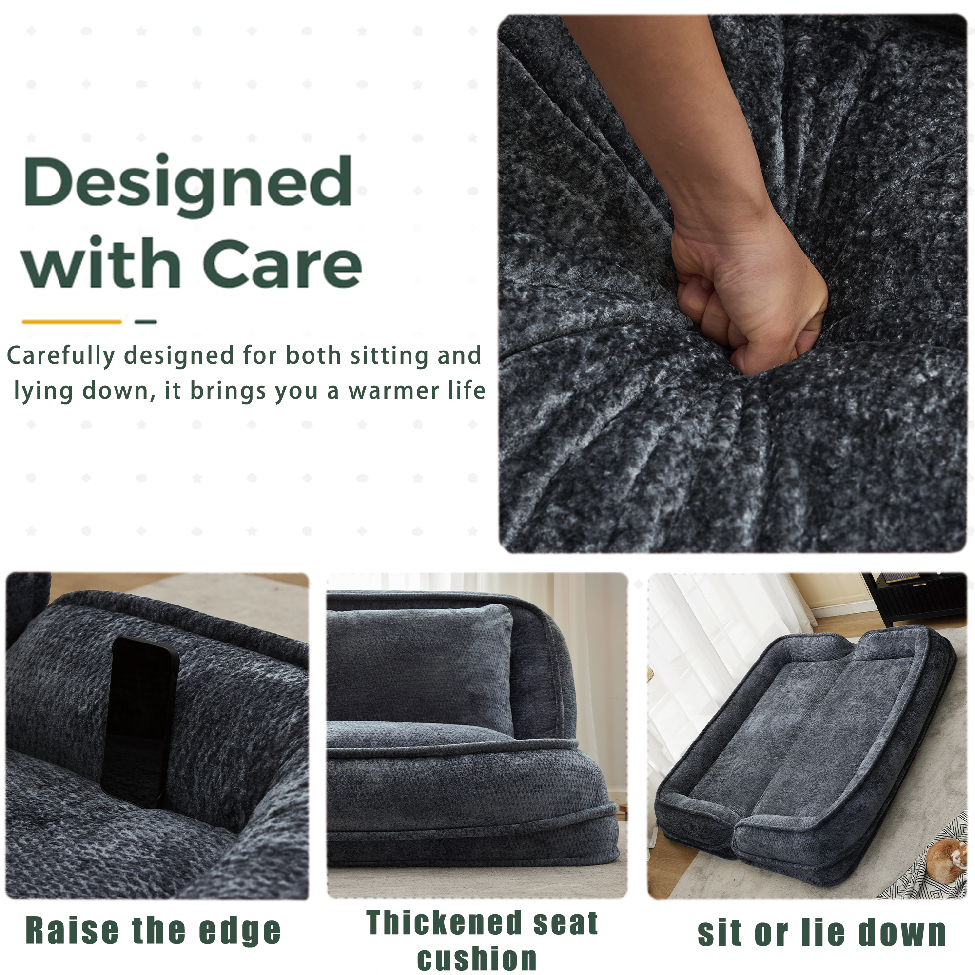 Dark gray floor sofa gaming and reading upright position