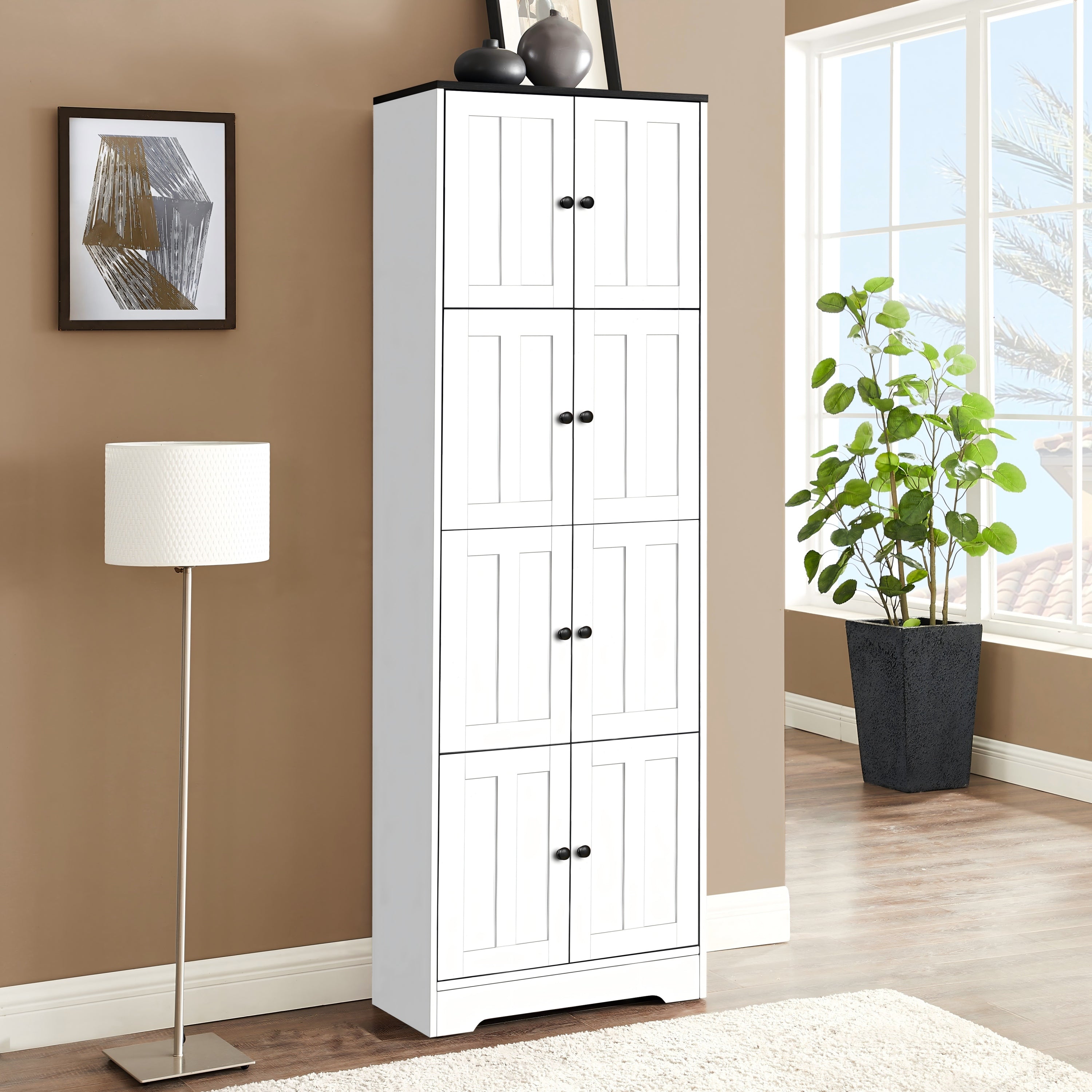 White tall storage cabinet doors open interior view