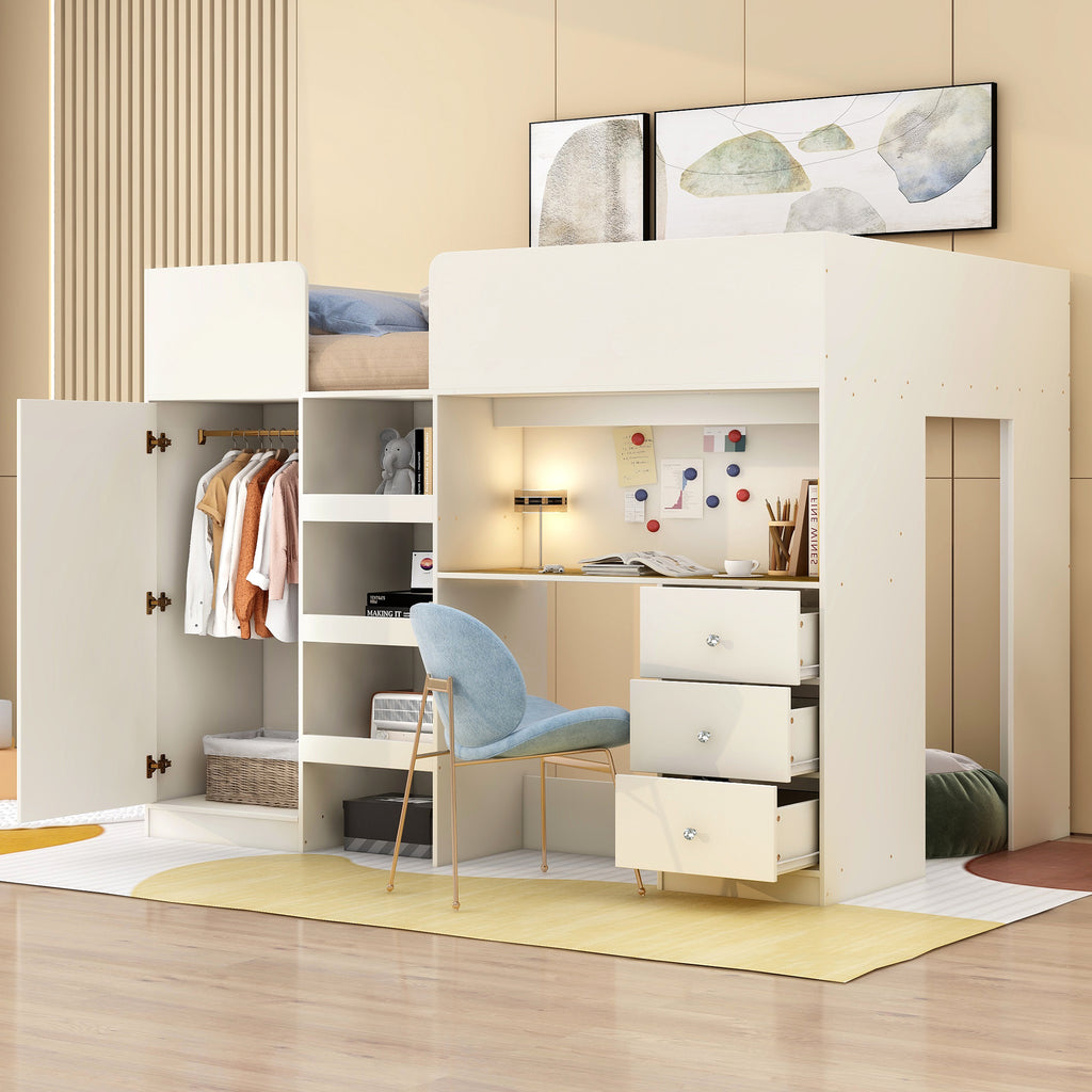 Beige loft bed with integrated desk — side view