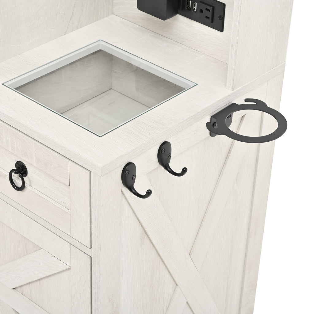 Farmhouse Vanity Desk with Sliding Mirror and Lights, Vanity Set with Glass Top and Charging Station ,Dressing Table with 4 Drawers and 2 Cabinets, Dressing Table with Stool for Bedroom, Gray