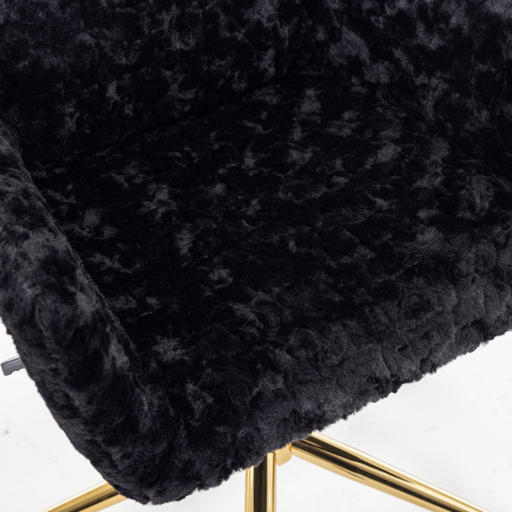 Black vanity chair with faux fur upholstery front view