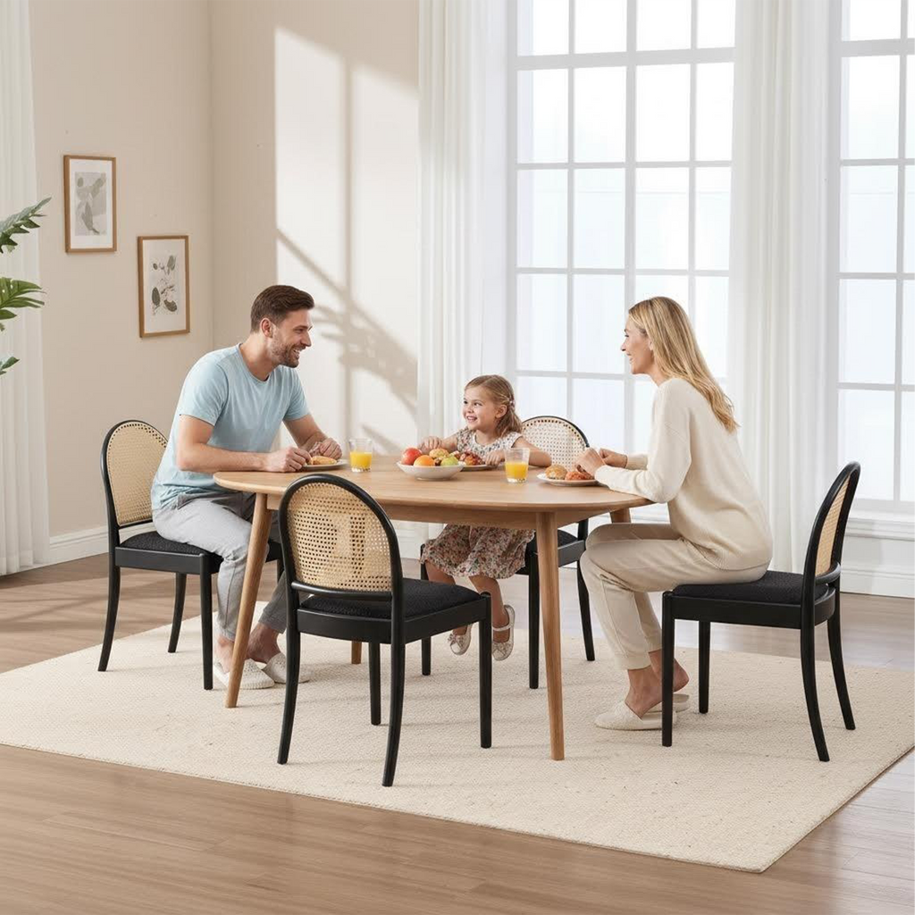 Rattan Dining Chairs Set of 2, Upholstered Linen Dining Room Chairs with Backrests, Modern Kitchen Chairs with Wood Legs for Dining Room, Beige