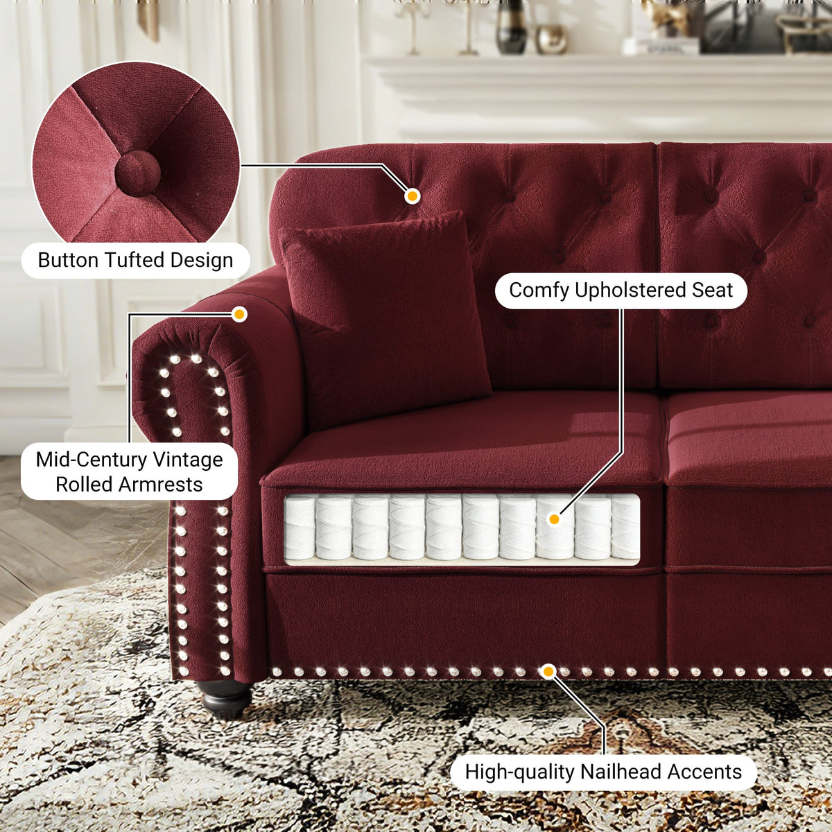 41.3'Upholstered Velvet Sofa with Nailhead Trim and Rolled Armrests,Mid-Century Modern Chesterfield Sofa with Button Tufted,Includes 1 Pillows,Brown