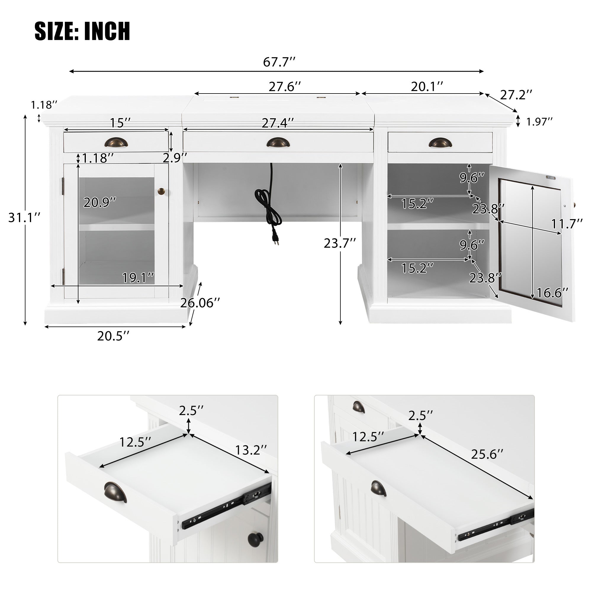 67-inch executive writing desk with drawers — full overview