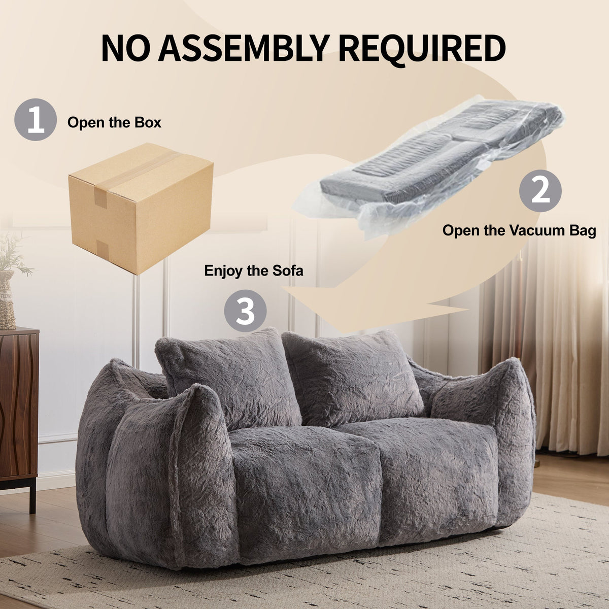 Giant Bean Bag Couch for Adults, Ultra Soft Fluffy Loveseat Bean Bag Sofa, Oversized Chase Lounge Chair Indoor for Living Room Bedroom, No Assembly Required Cozy Reading Chair with Pillows, White