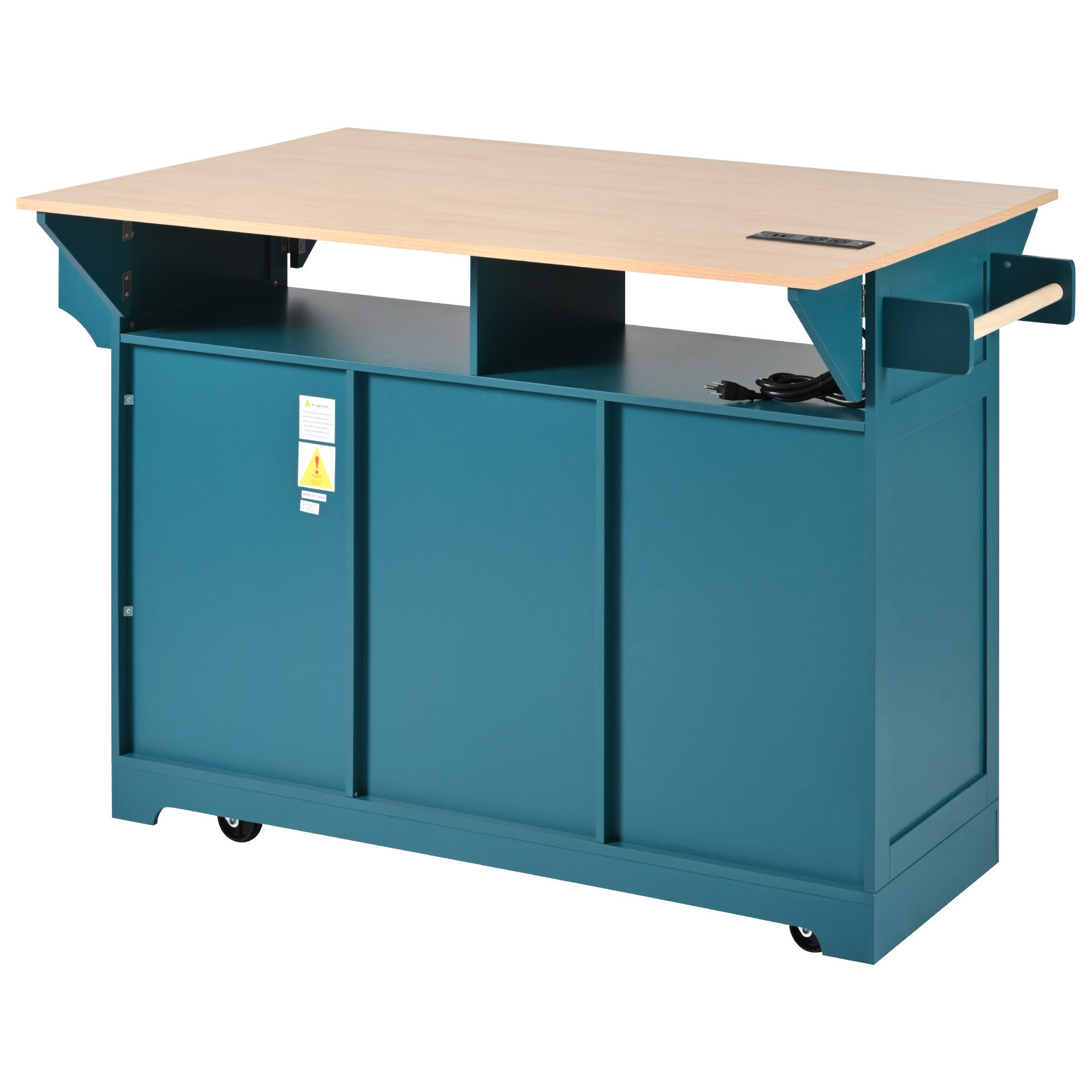 K&K 55.7'' Large Kitchen Island with 2 Drop Leaf,, Rolling Kitchen Cart on 5 Wheels with Power Outlet, Folding Storage Dining Table with Spice & Towel Rack , 3 Drawers, for Kitchen, Dining Room,Black