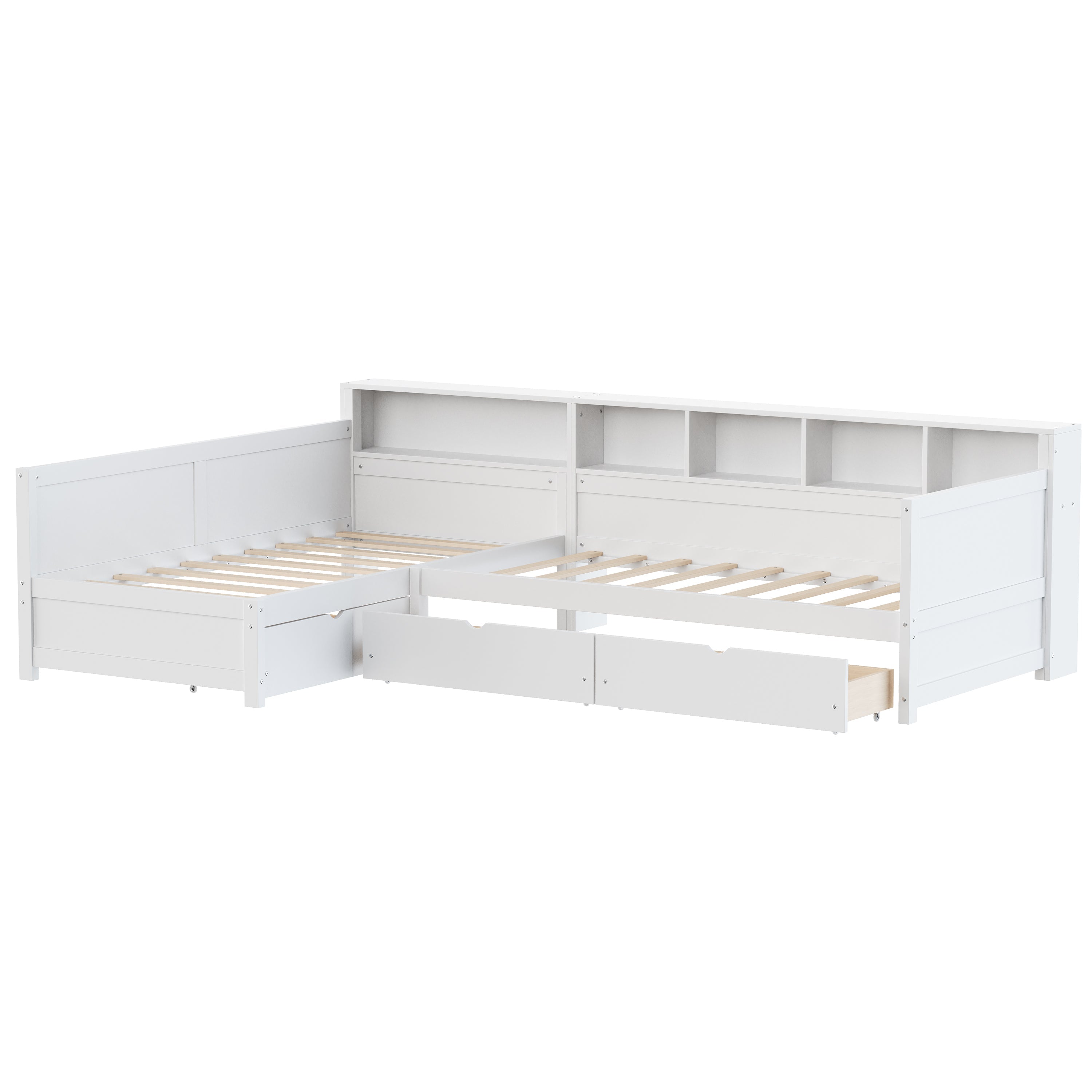 Twin Size Day Bed for 2, L- Shape Twin Size Bed Frame with Storage 3 Drawers, Wooden Corner Bed with Bookshelf, Corner Bed Frame For Bedroom, Living Room,Grey