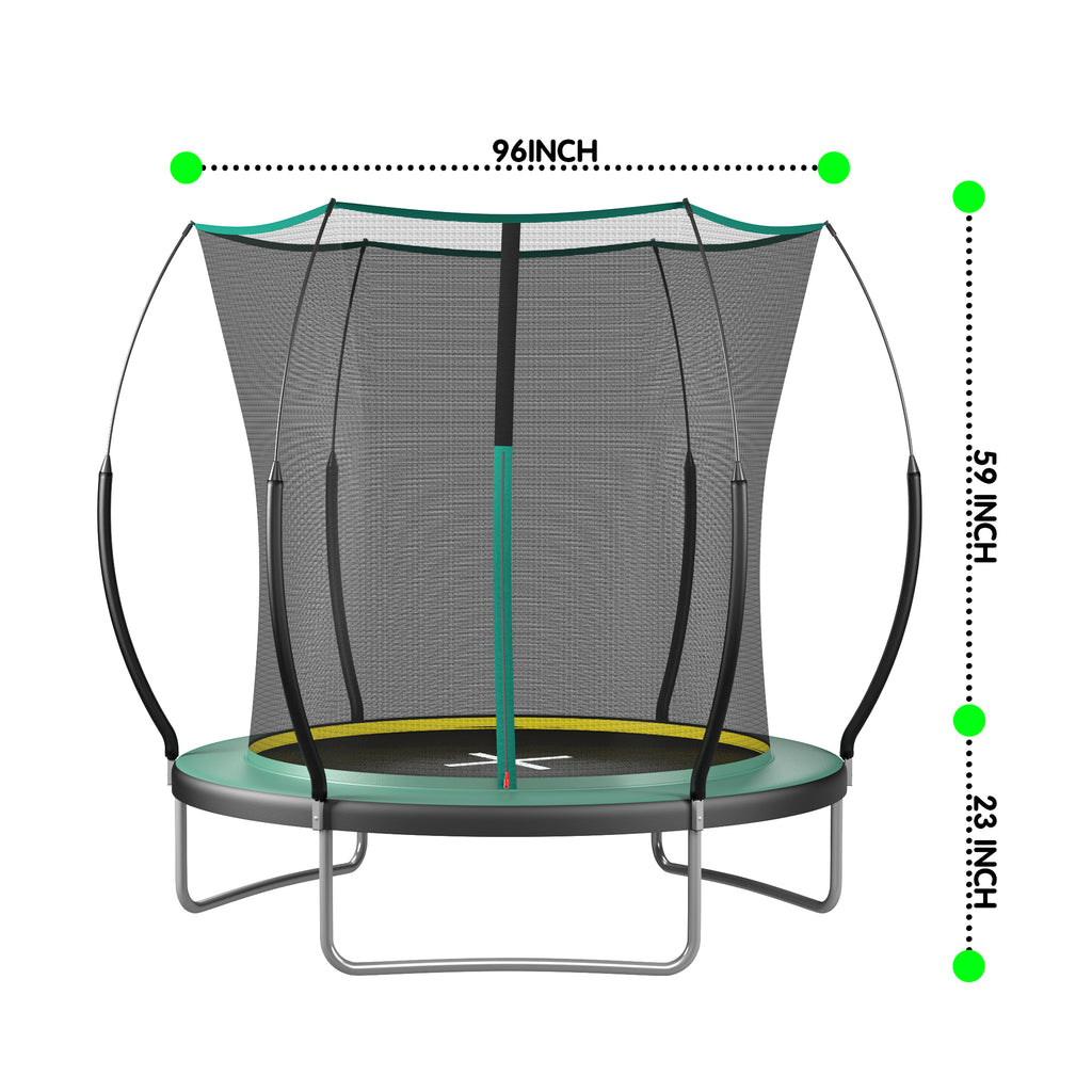 Green springfree trampoline jumping mat and net detail