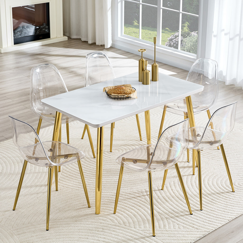 Table and chair set.White imitation marble texture glass countertop + lower MDF board, gold metal tapered legs.Paired with 6 Transparent Plastic Chairs with Golden Metal Legs.