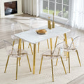 Table and chair set.White imitation marble texture glass countertop + lower MDF board, gold metal tapered legs.Paired with 6 Transparent Plastic Chairs with Golden Metal Legs.