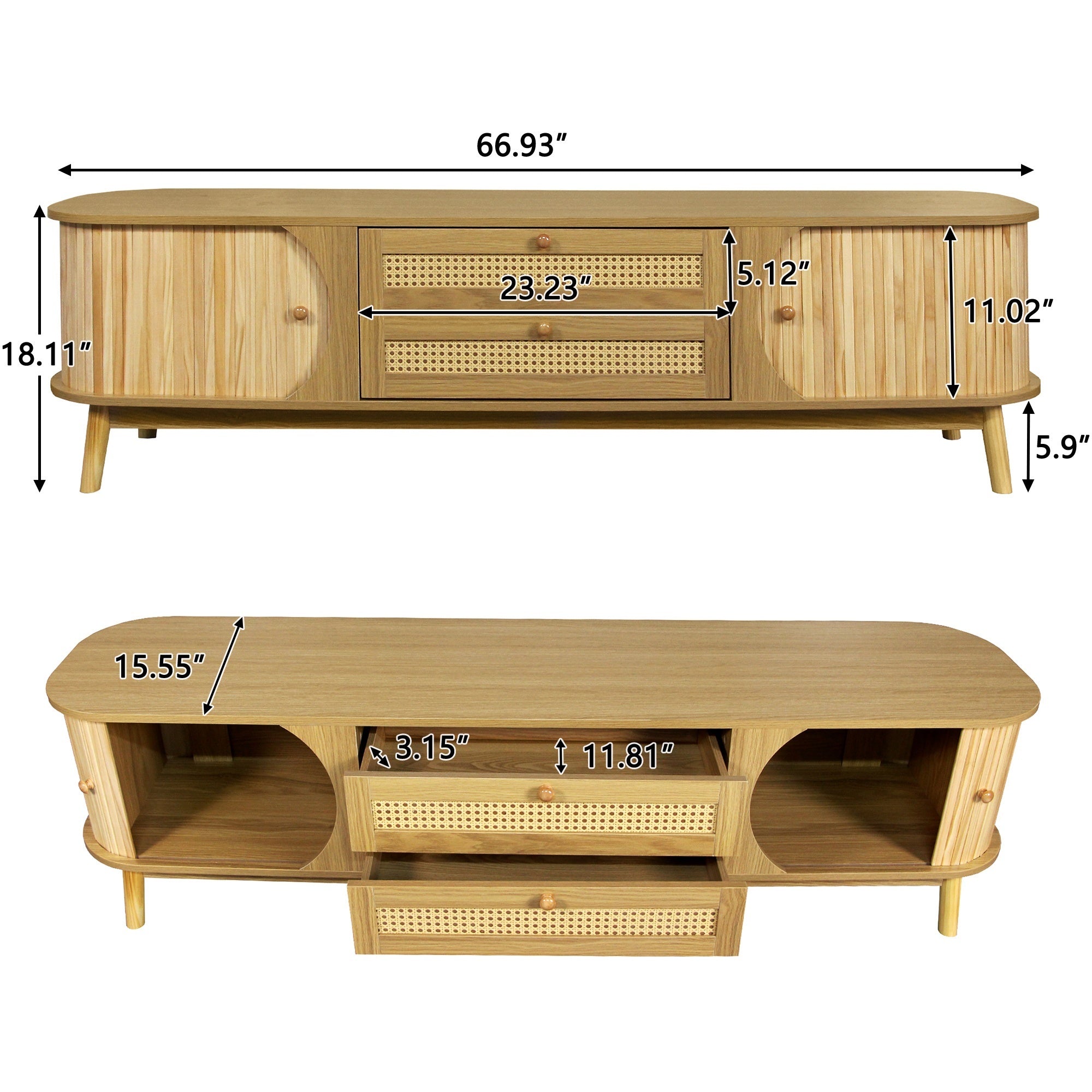 Farmhouse TV stand with rattan drawers angle view