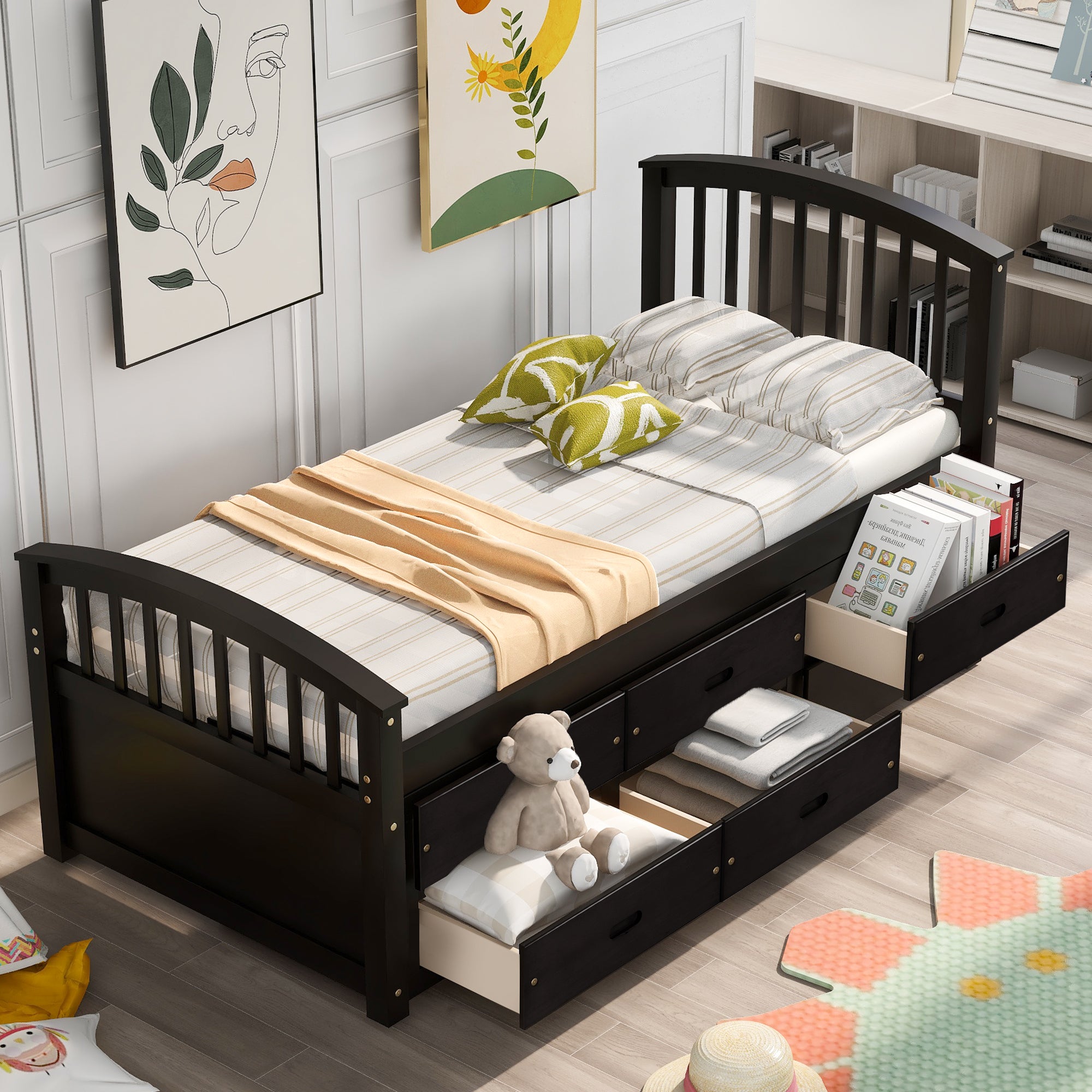 Espresso twin platform storage bed with six drawers — front view