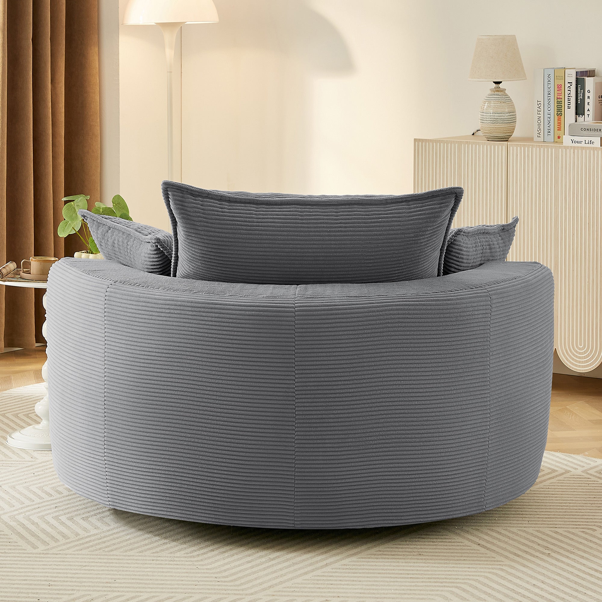 Blue Corduroy 360° Swivel Barrel Accent Chair with Dual-Layer Cushion & 3 Pillows