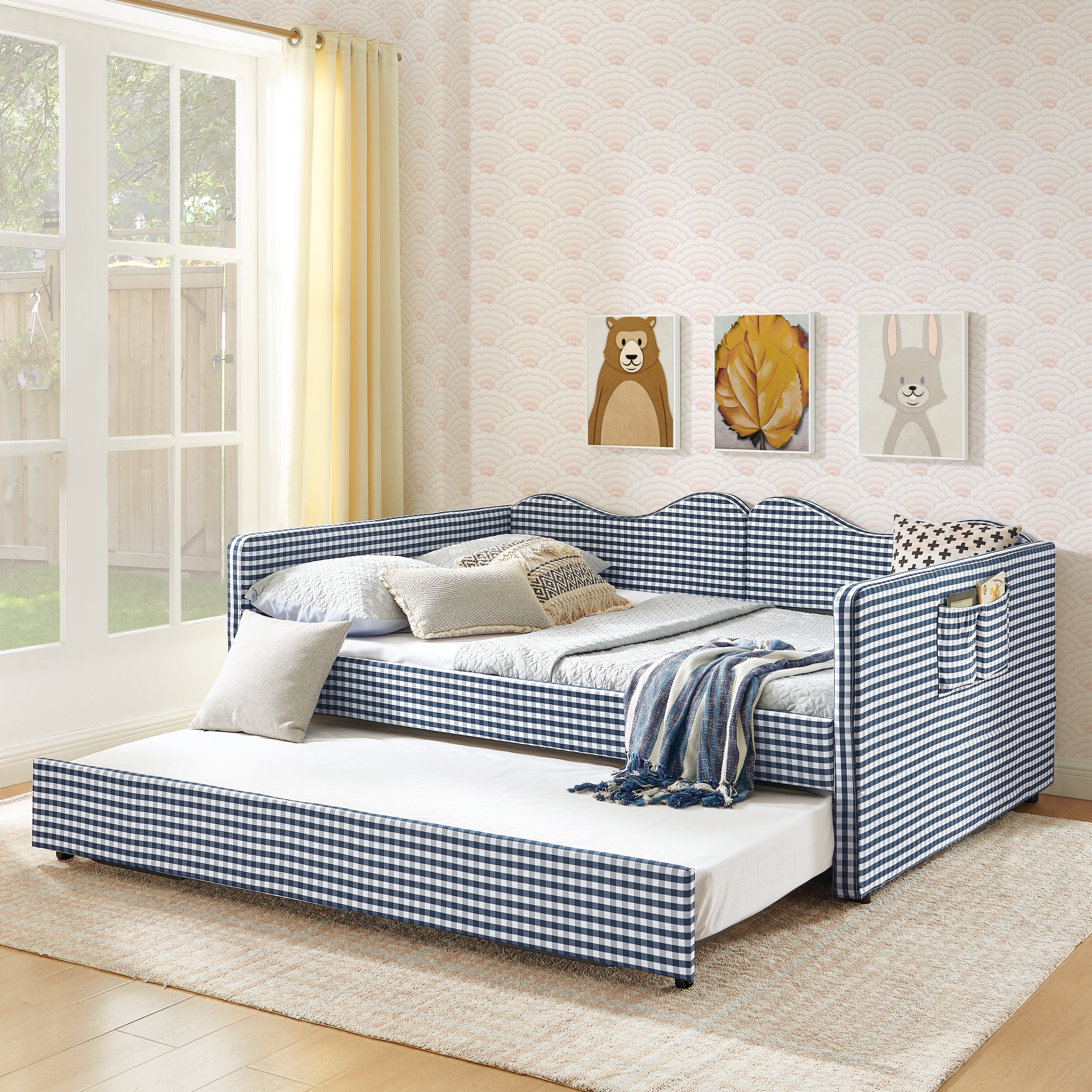 Full‑Size Daybed,Gingham Upholstered Daybed Equipped with Pull-Out Trundle Bed Frame & Side Storage Pocket, Solid Wood Frame Multi-Functional Sofa Bed for Kids Room & Guest Bedroom-PINK