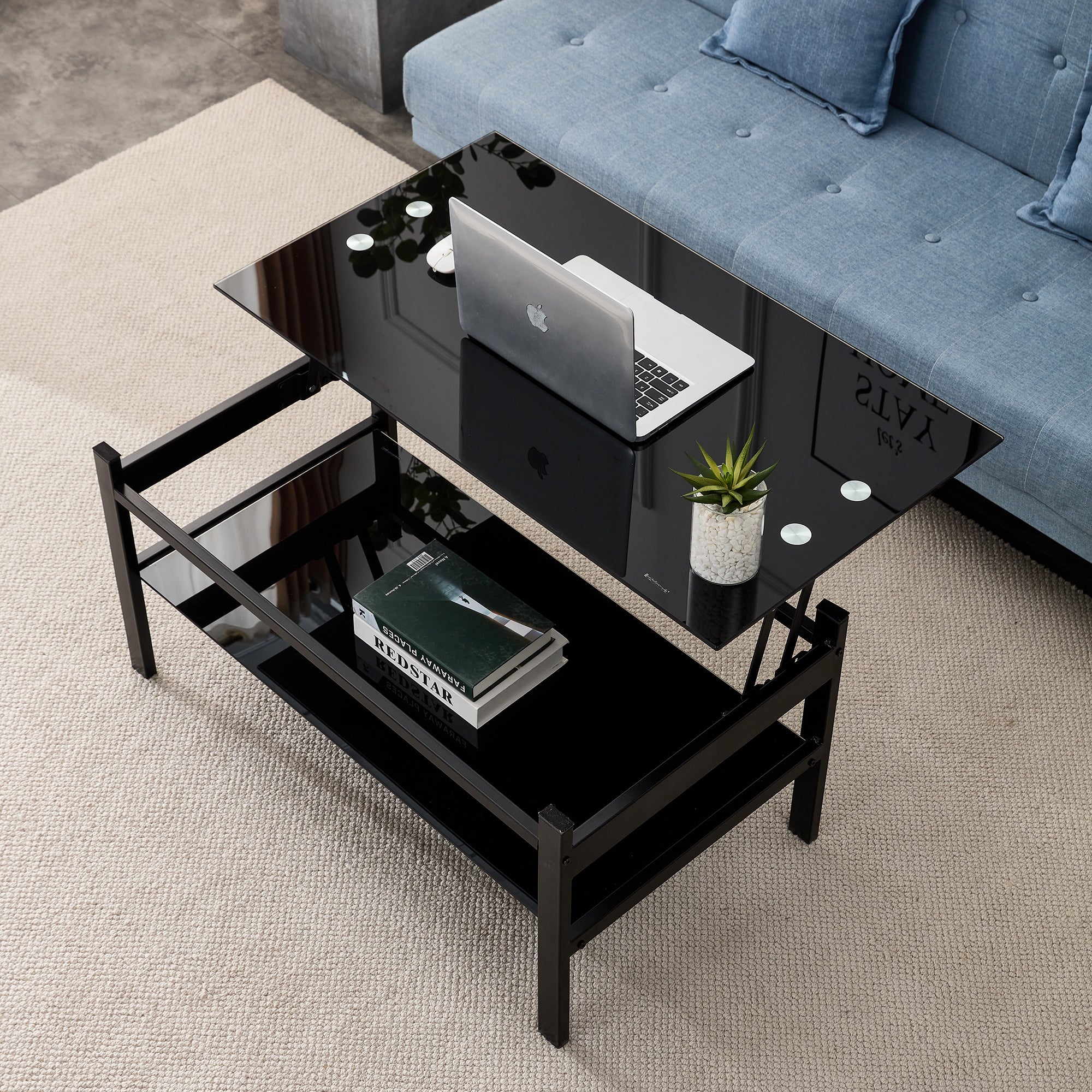 Modern 2-layer glass coffee table lift top — angle view