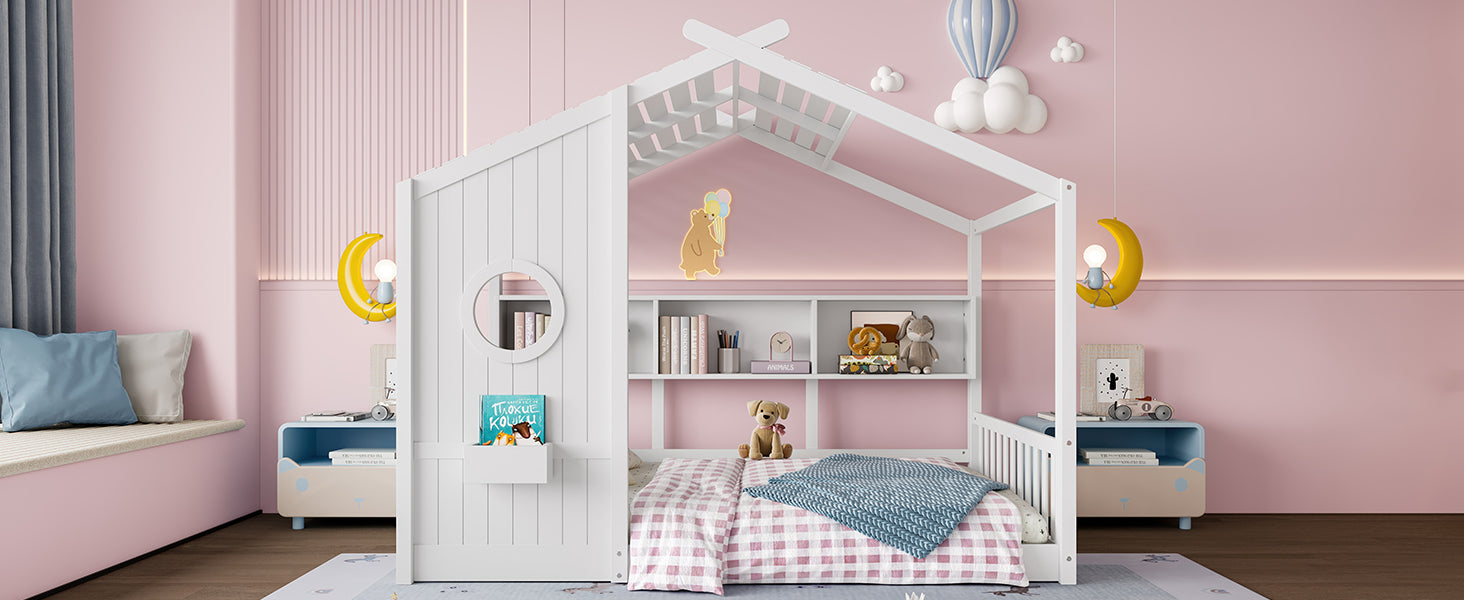 Full Size Floor House Bed for Toddler, Kids Montessori Bed with Storage Shelf, Playhouse Bed with Roof Design, Gray