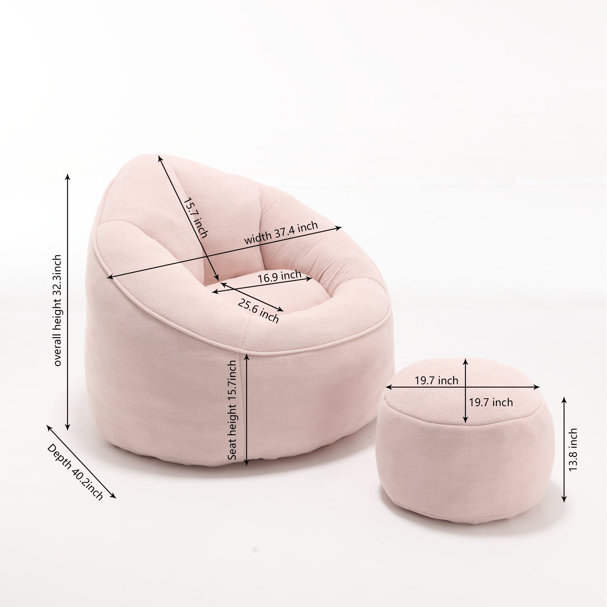 Pink microfiber bean bag chair in living room setting
