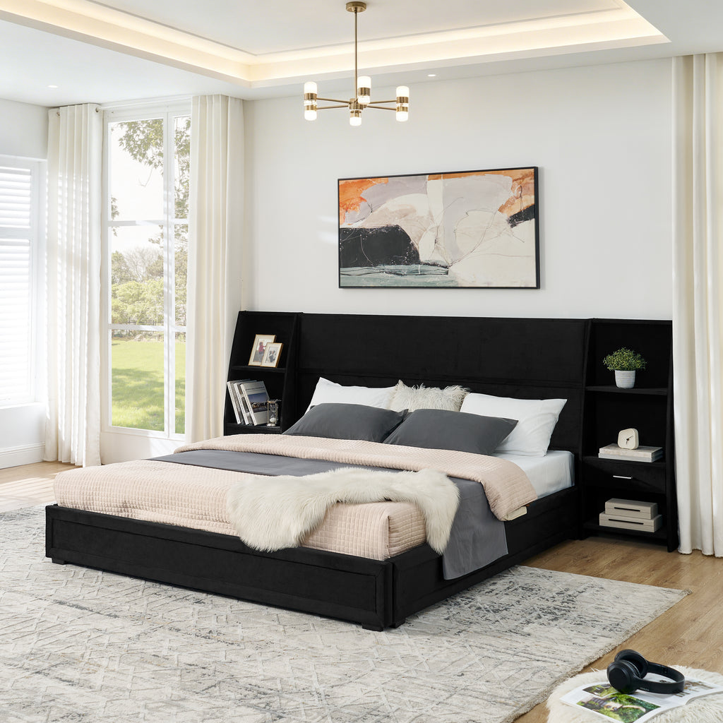 King Size Modern Storage Platform Bed Frame, Glossy Velvet Headboard with Side Bookcases & Drawer, Mattress Excluded-Black