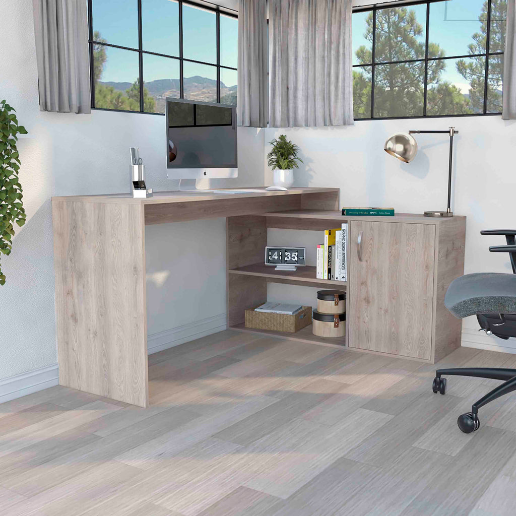 Light gray L-shaped computer desk with open shelves — front view