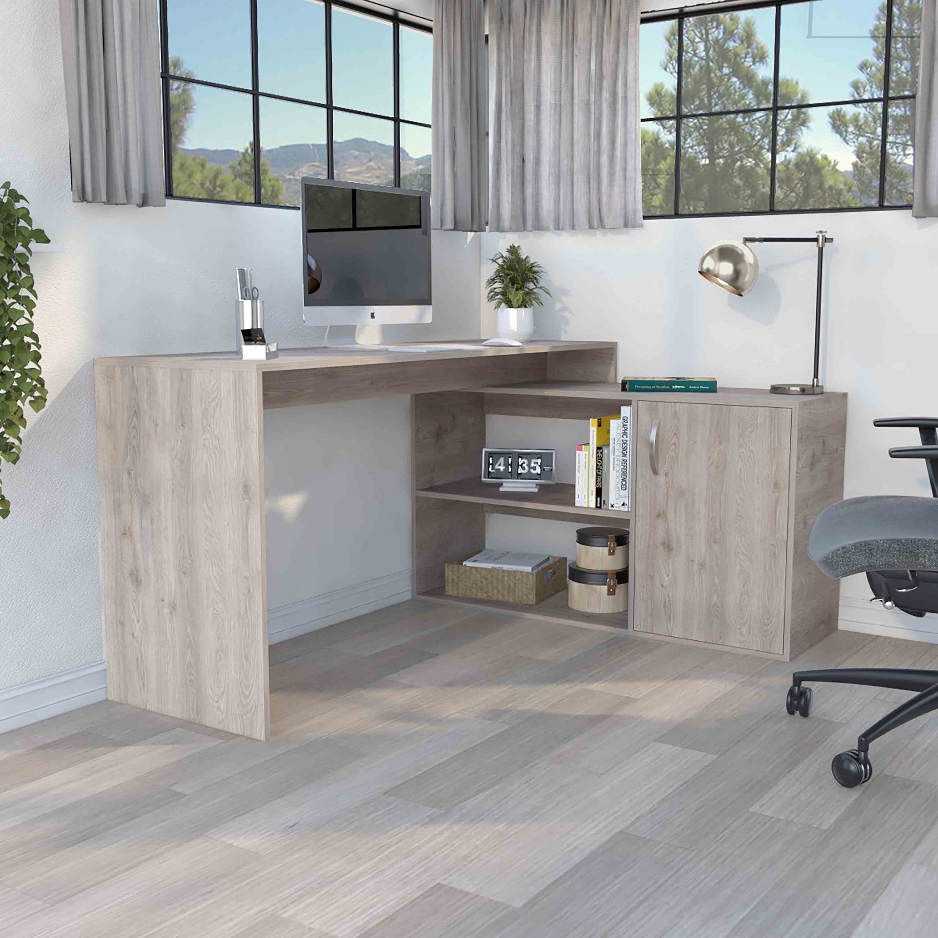 Light gray L-shaped computer desk with open shelves — front view