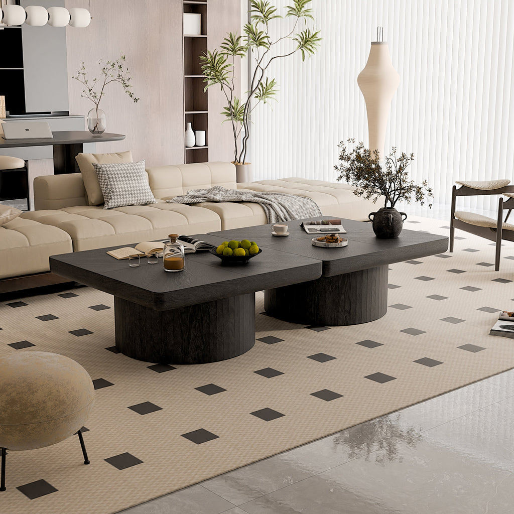 34.6'' Square Coffee Table for Living Room, Modern Wood Veneer Top with Parquet Pattern & Cylindrical Base, Thickened Tabletop, Easy Assembly, Natural Wood