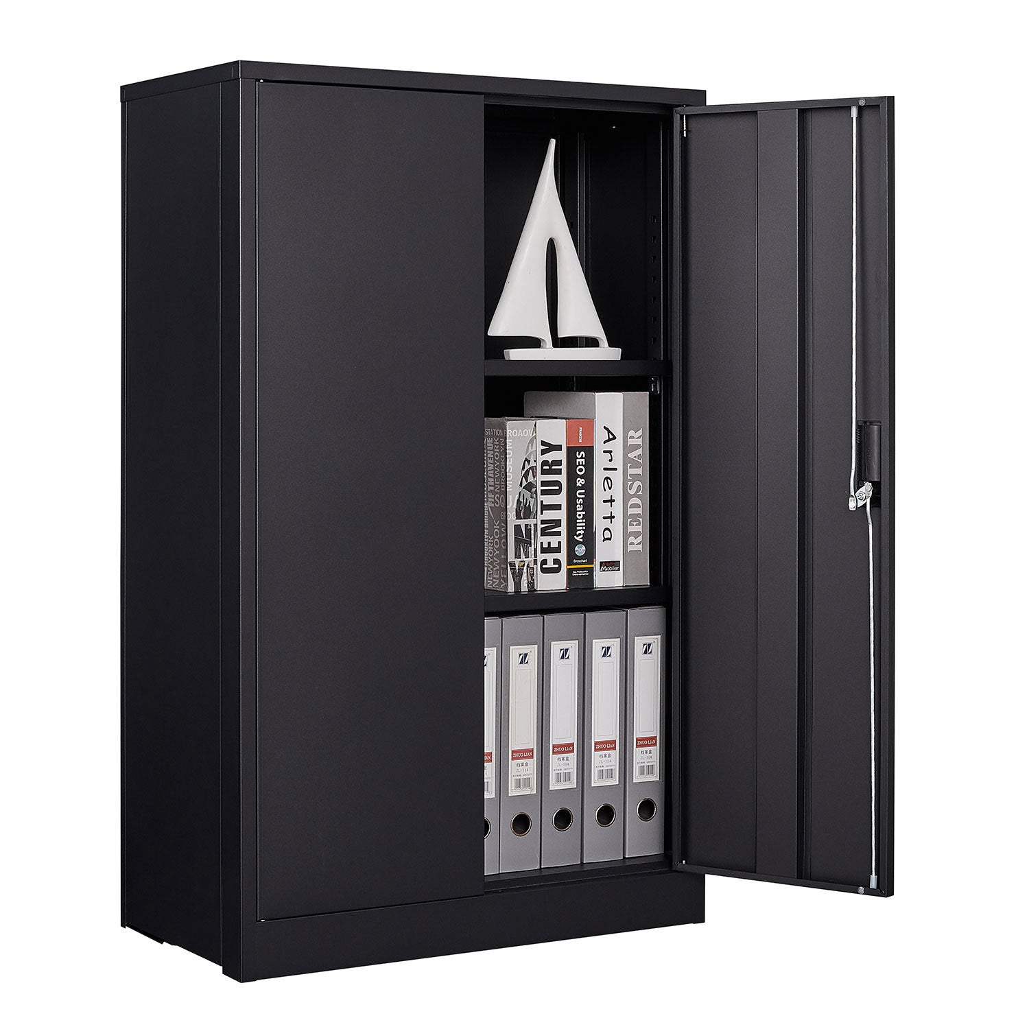 Black metal storage cabinet full product view