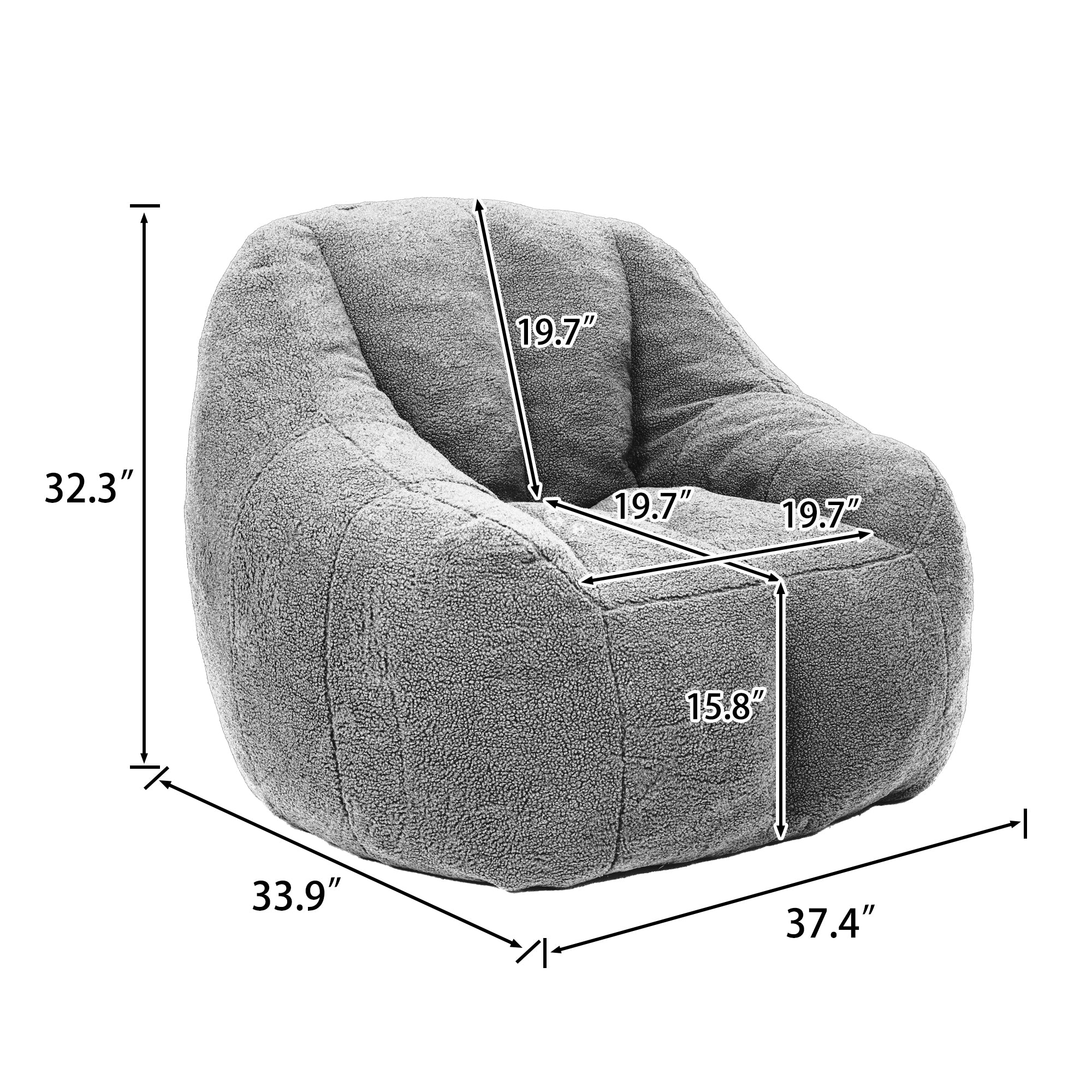 Dark gray teddy faux fur bean bag in living room setting