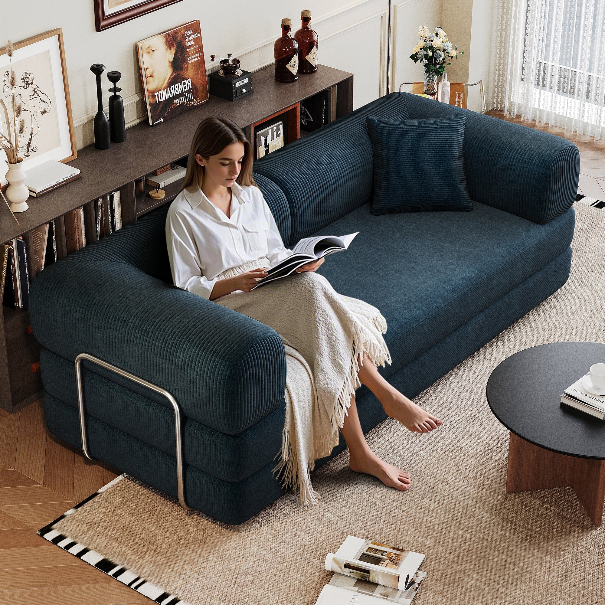 Corduroy Compression Convertible Floor Sofa Bed — Modular Loveseat, 78.8" Wide
