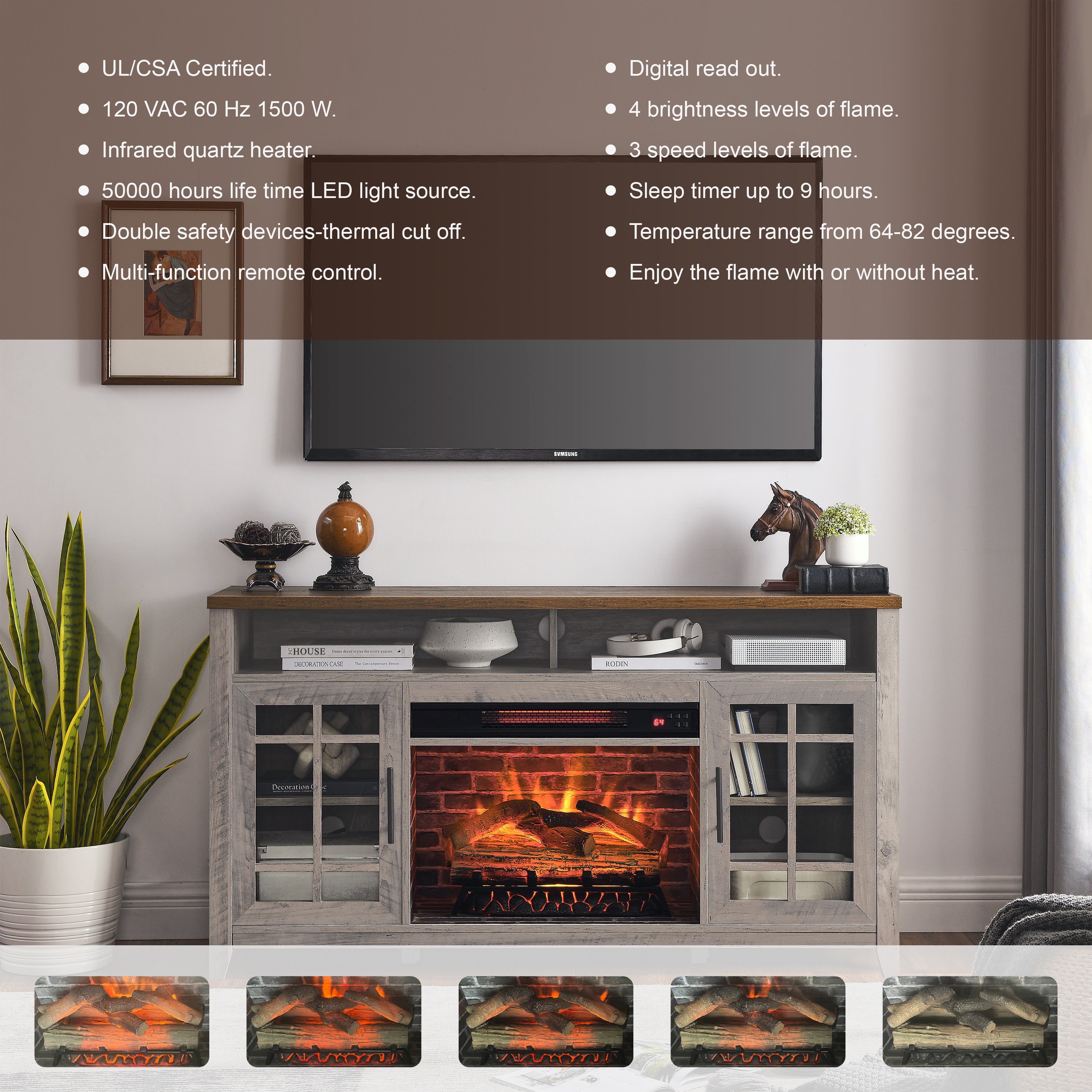 Gray wash entertainment center with LED fireplace flame effect