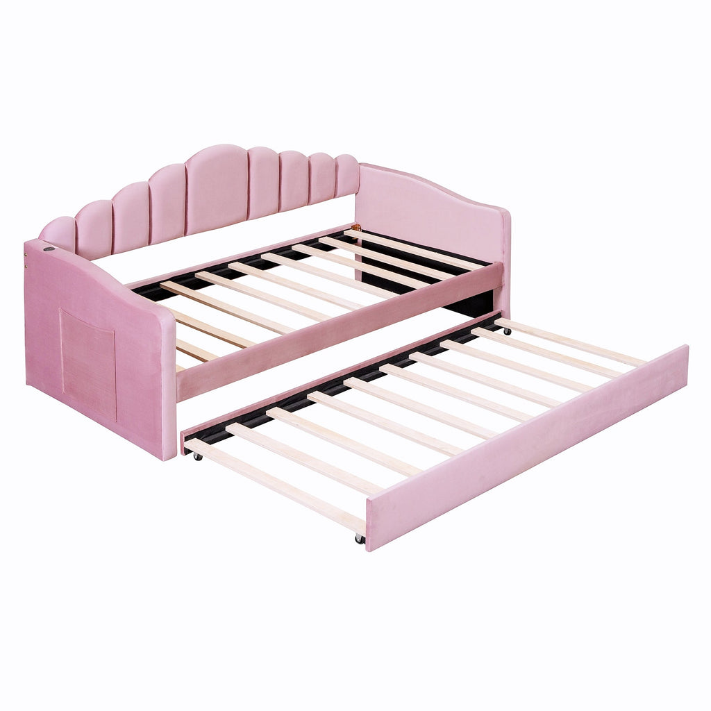 Twin size Upholstered Daybed with Trundle ,Velvet Sofabed with USB Charging Ports,No Box-spring Needed,Beige( Old SKU:HL000067AAA)