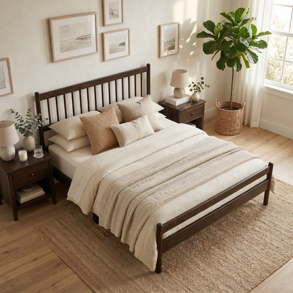 Traditional Style Queen Size Bed with Headboard and Footboard, Pinewood Bed with Strengthened Bed Frame ,Walnut